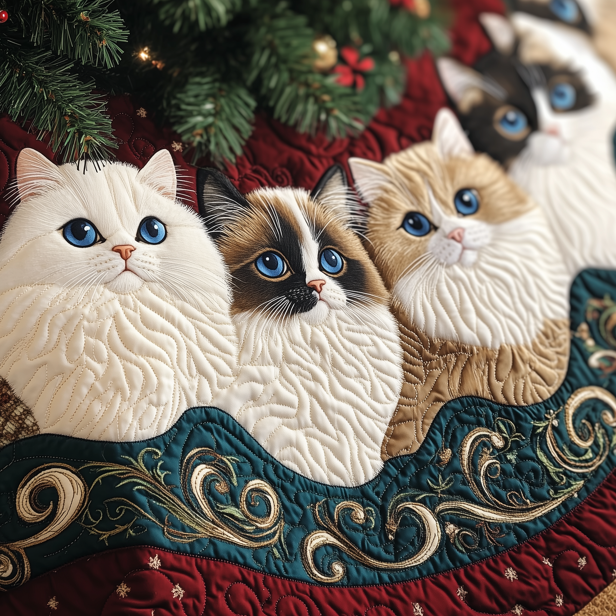 Christmas Ragdoll Cat Quilted Tree Skirt  Holiday Christmas Tree Skirt With Cats Decorations Gifts