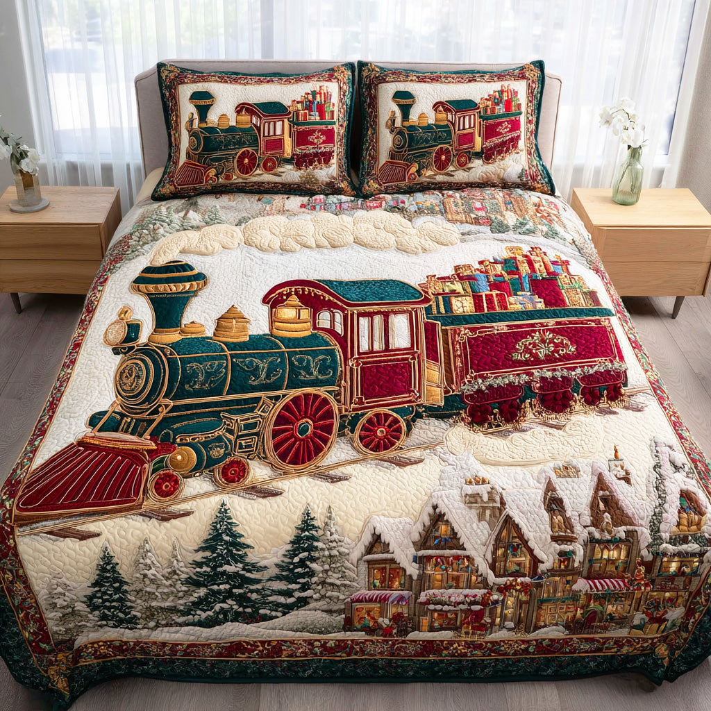 Christmas Railway Dreams Quilted Bedding Set Classic Bedding Set That Enhances Your Sleep Space