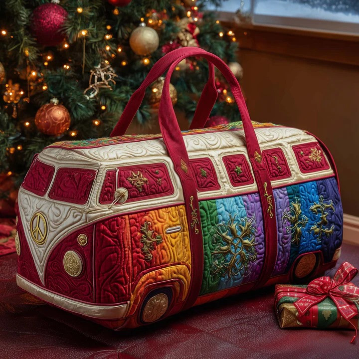 Christmas Rainbow Snowflake VW Bus Quilted Duffle Bag Holiday Travel Bag Gift For Christmas Lovers