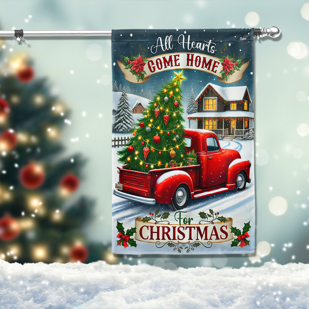 Christmas Red Pickup Truck Flag All Hearts Come Home For Christmas Flag