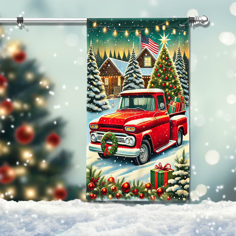 Christmas Red Pickup Truck Merry Christmas Flag