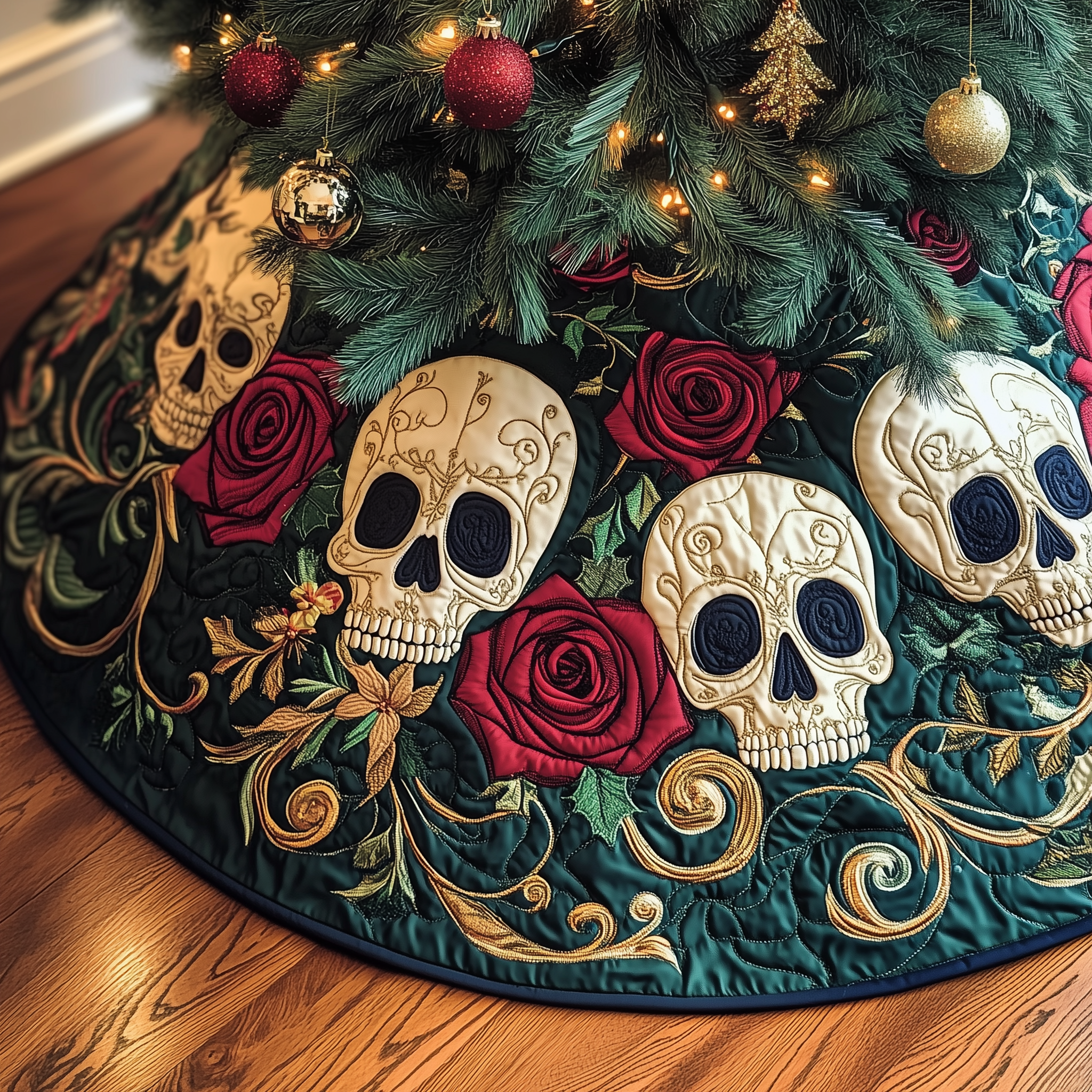 Christmas Red Rose Skull Quilted Tree Skirt Special Birthday Gift Merch