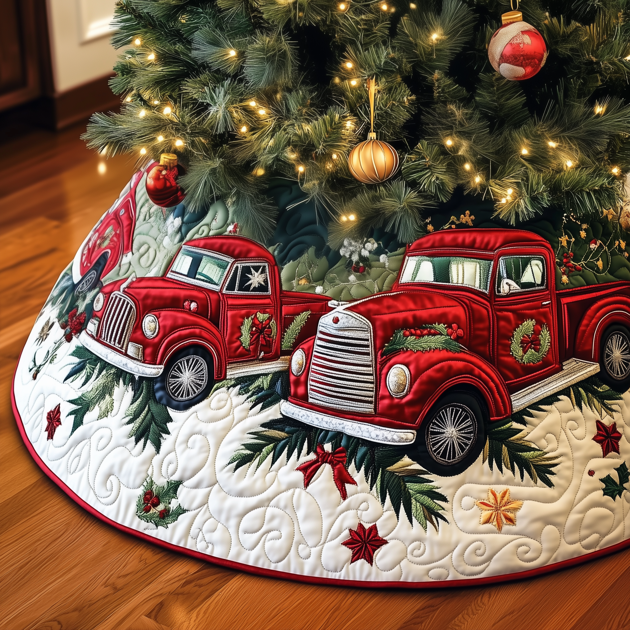 Christmas Red Truck Quilted Tree Skirt Adorable Easter Gift Merch