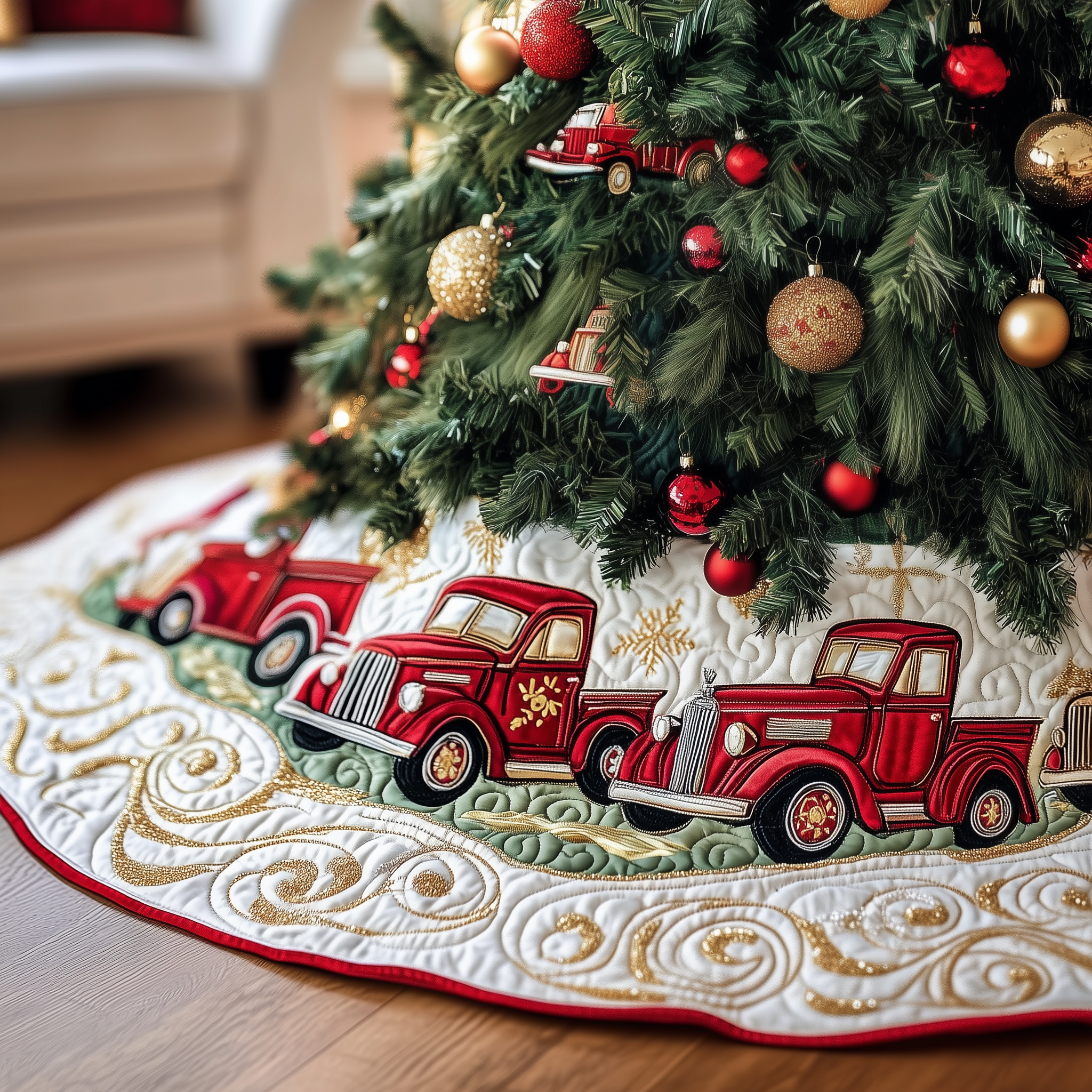 Christmas Red Truck Quilted Tree Skirt Joyful Holiday Season Gift Merch