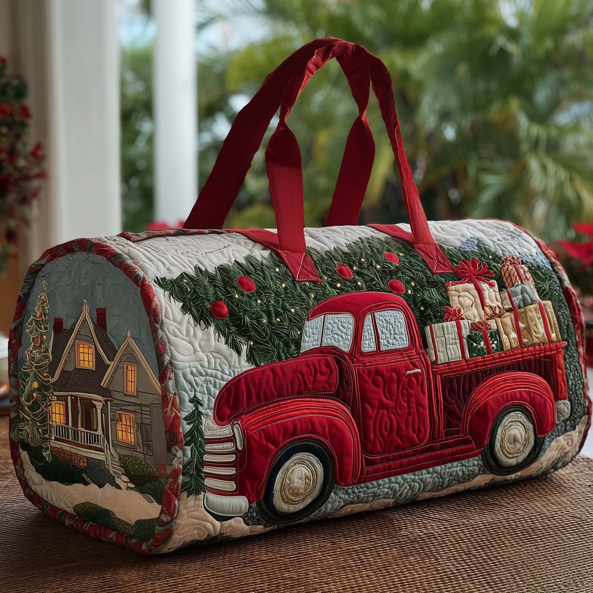 Christmas Red Truck Snowy Cabin Quilted Duffle Bag Holiday Xmas Travel Bags For Dad