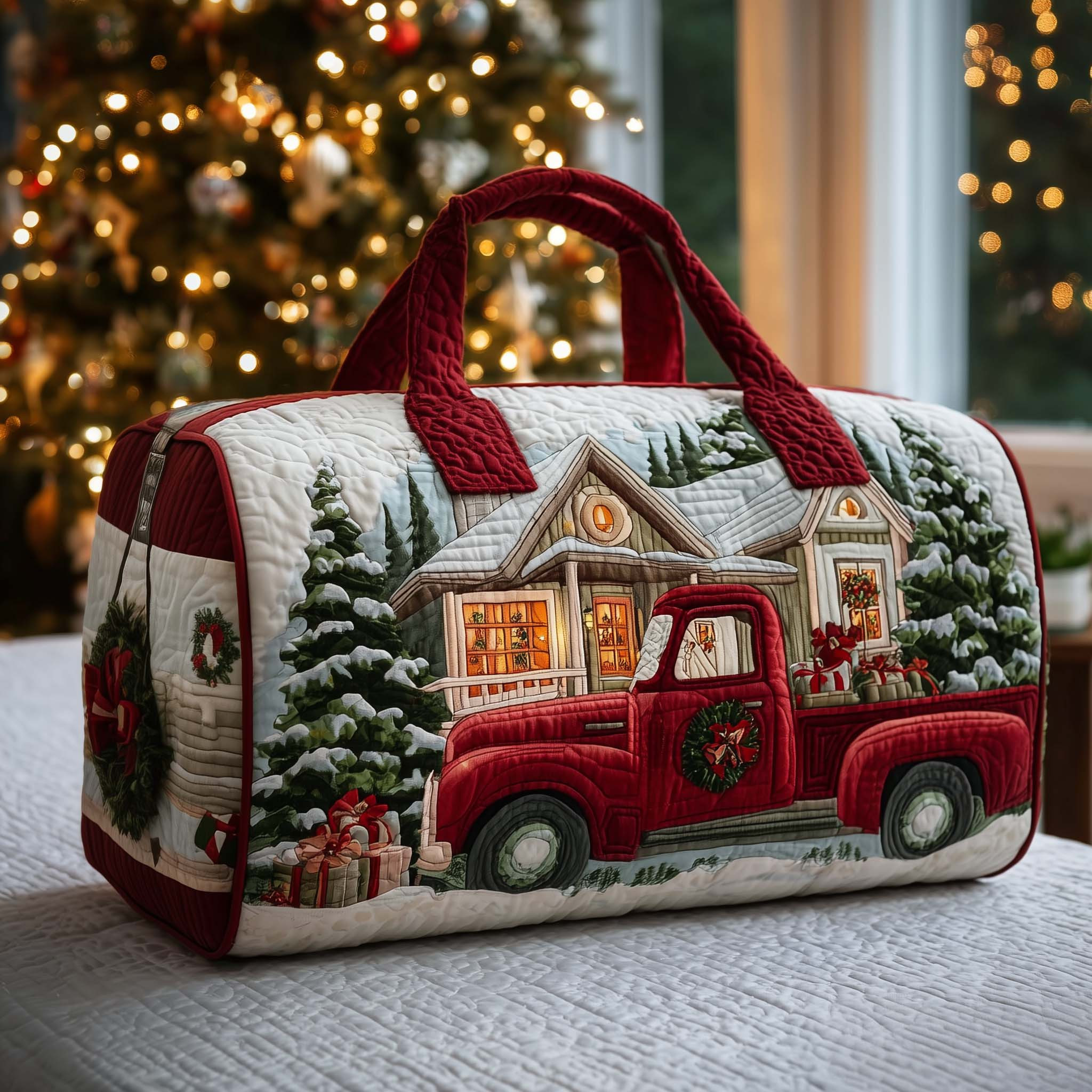 Christmas Red Truck Snowy Cabin Quilted Duffle Bag Holiday Xmas Travel Bags For Her
