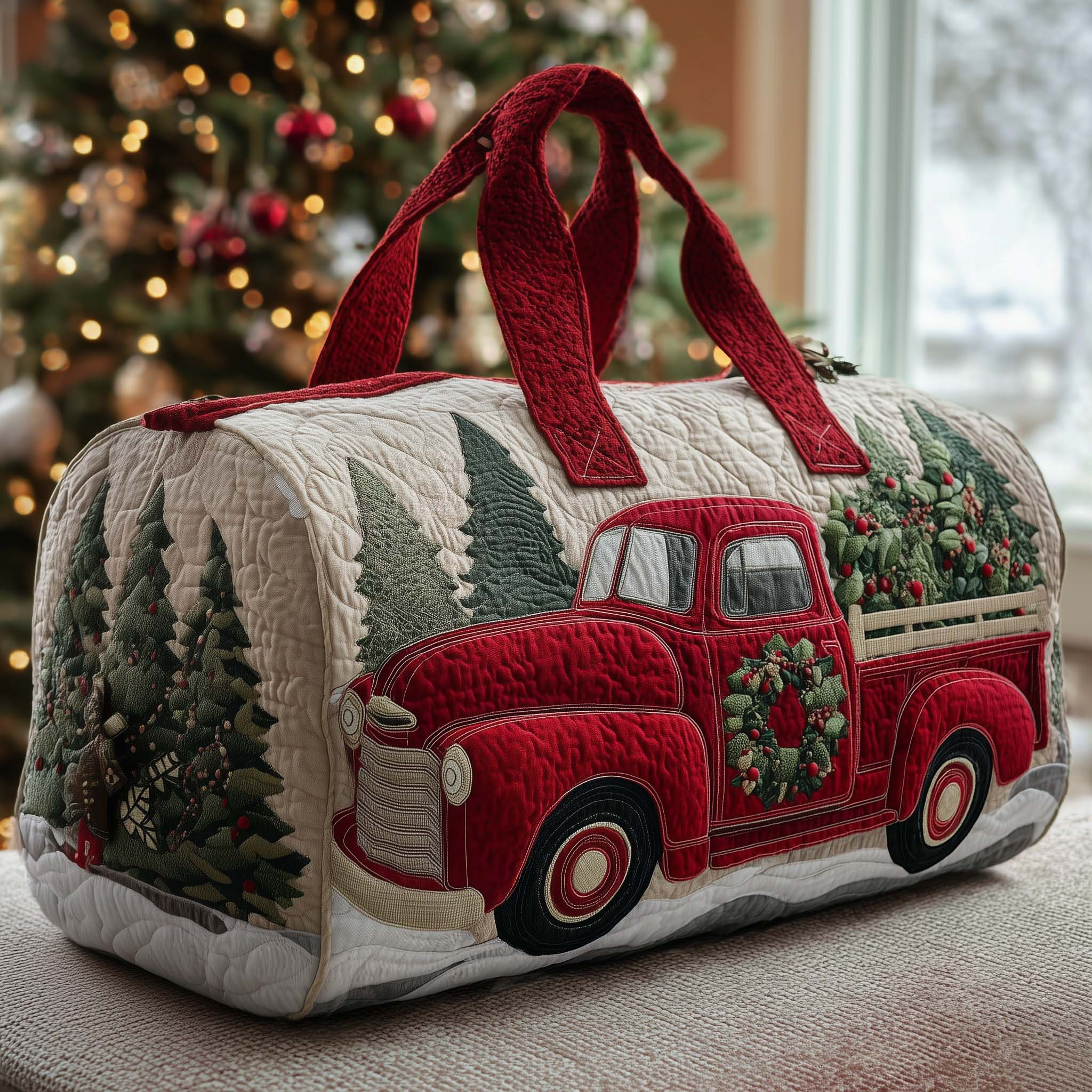 Christmas Red Truck Snowy Cabin Quilted Duffle Bag Holiday Xmas Travel Bags For Him