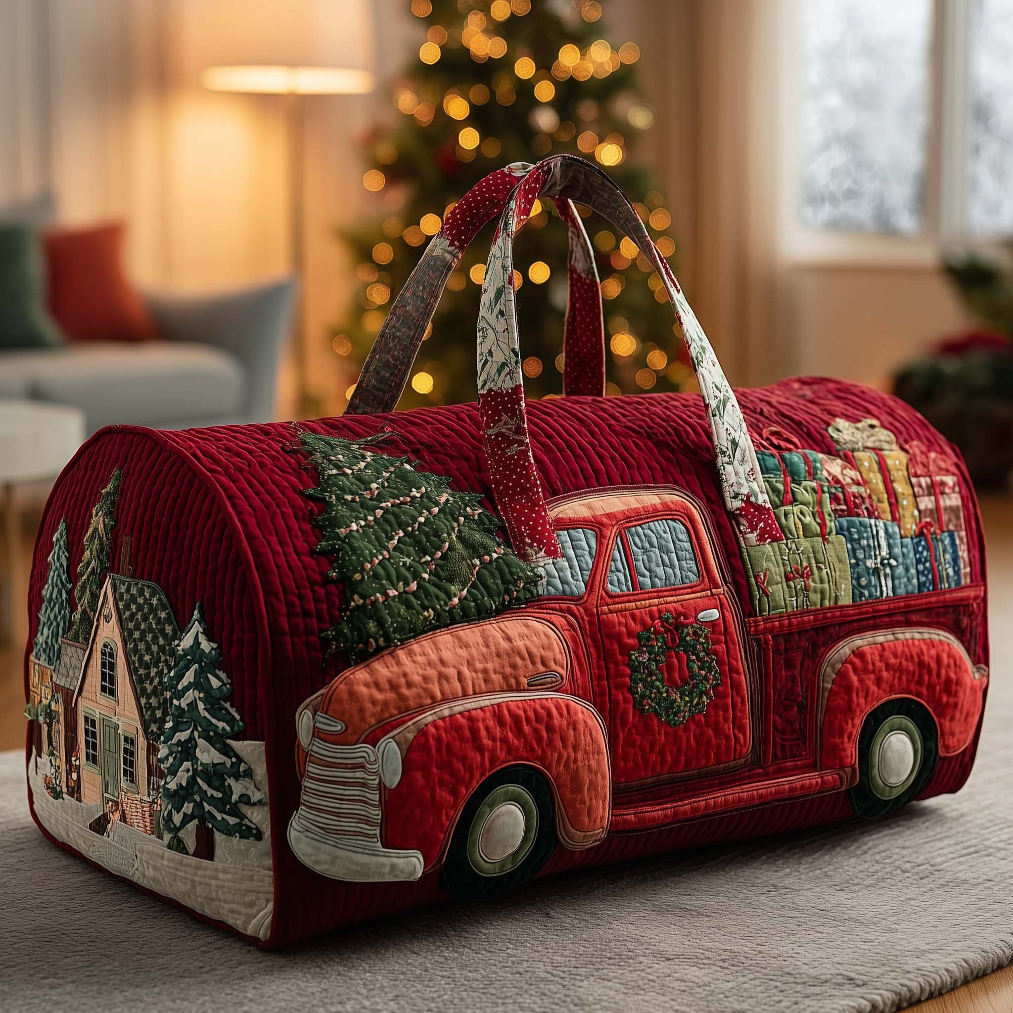 Christmas Red Truck Snowy Cabin Quilted Duffle Bag Holiday Xmas Travel Bags For Homie