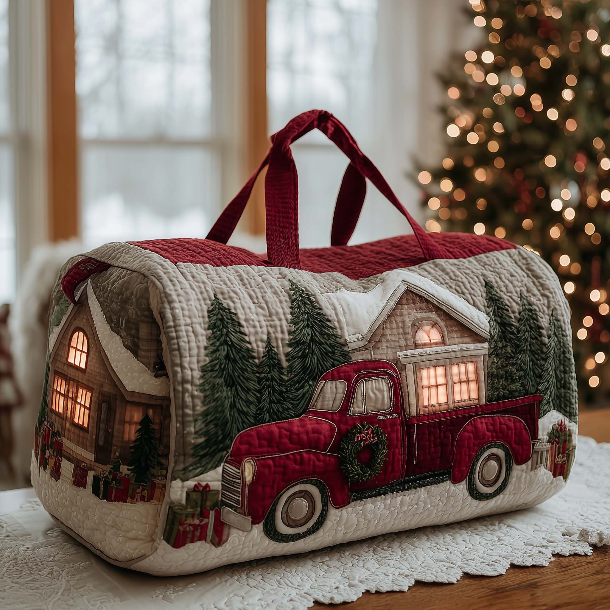 Christmas Red Truck Snowy Cabin Quilted Duffle Bag Holiday Xmas Travel Bags For Mom