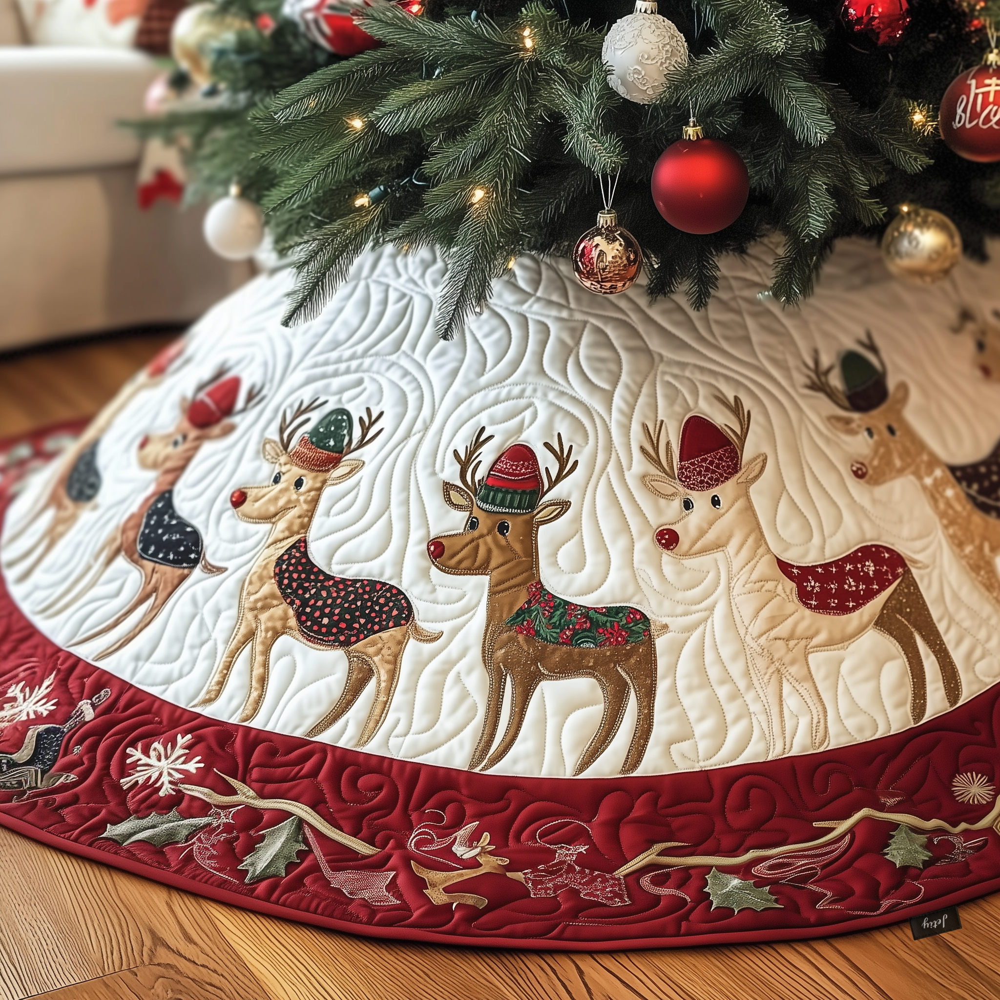 Christmas Reindeer Quilted Tree Skirt Best Gift Merch For Him