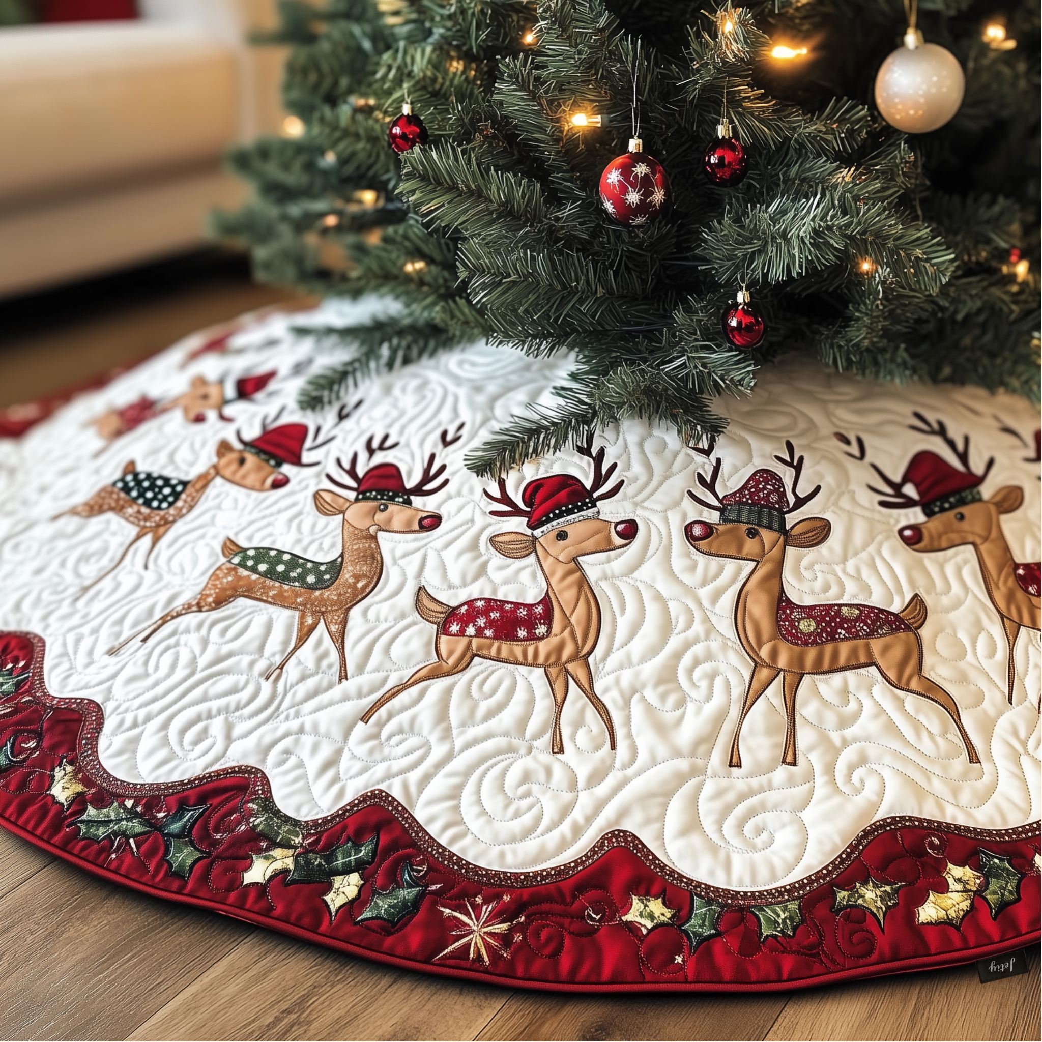 Christmas Reindeer Quilted Tree Skirt Hoilday Tree Skirt Xmas Christmas Tree Surround Decorations