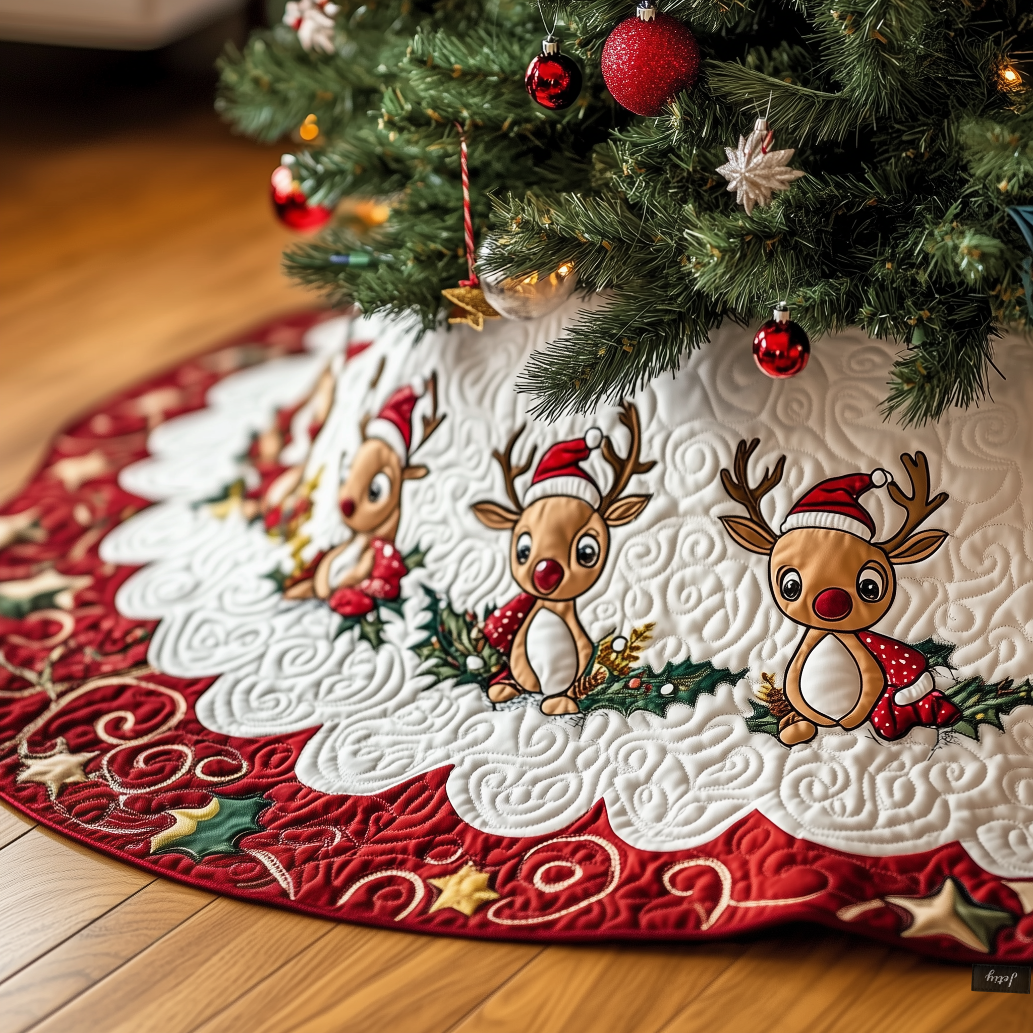 Christmas Reindeer Quilted Tree Skirt Hoilday Tree Skirt Xmas Tree Base Cover Christmas Decorations