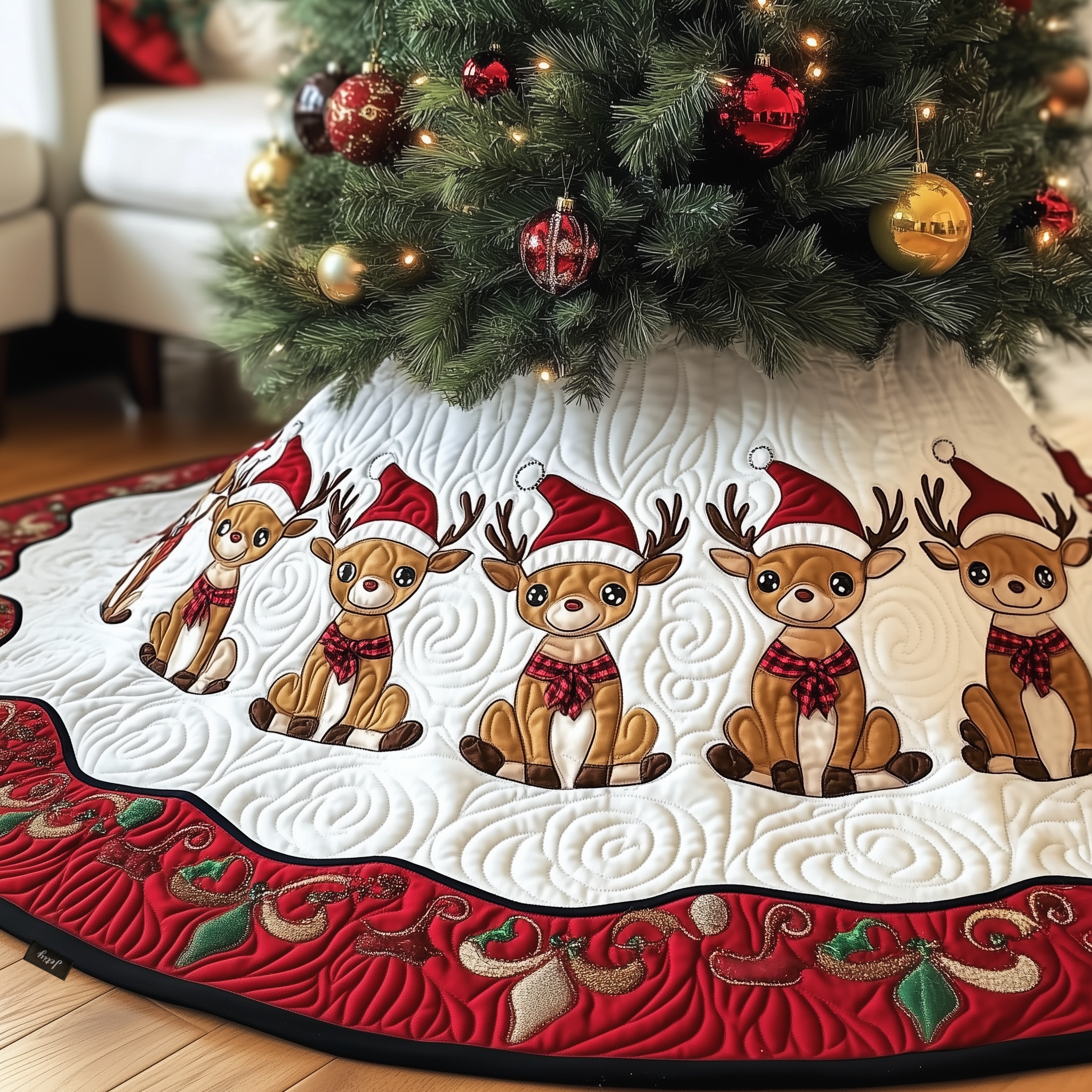 Christmas Reindeer Quilted Tree Skirt Hoilday Tree Skirt Xmas Tree Base Cover Christmas Decorations