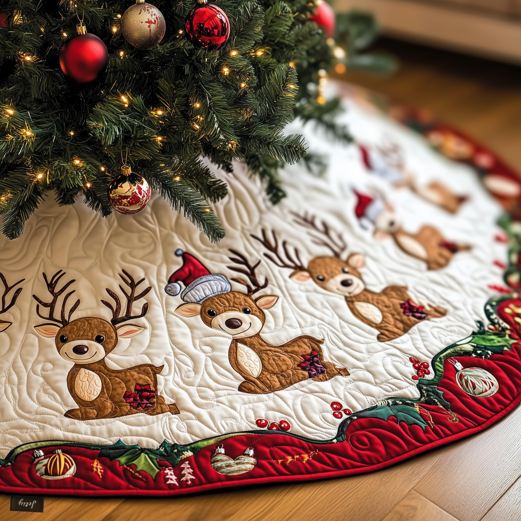 Christmas Reindeer Quilted Tree Skirt Lovely Gift Merch For Couples
