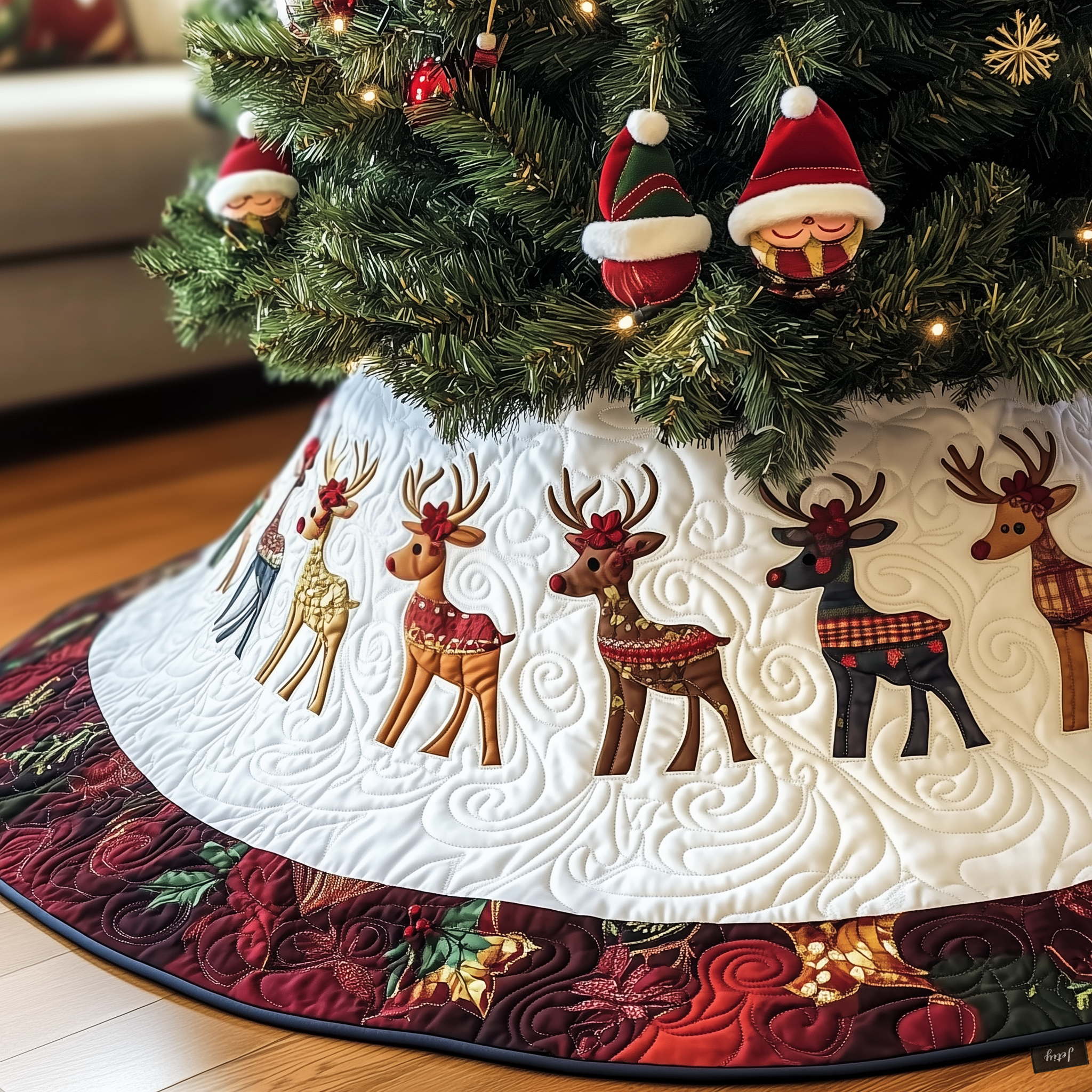 Christmas Reindeer Quilted Tree Skirt Warm Gift Merch For Family