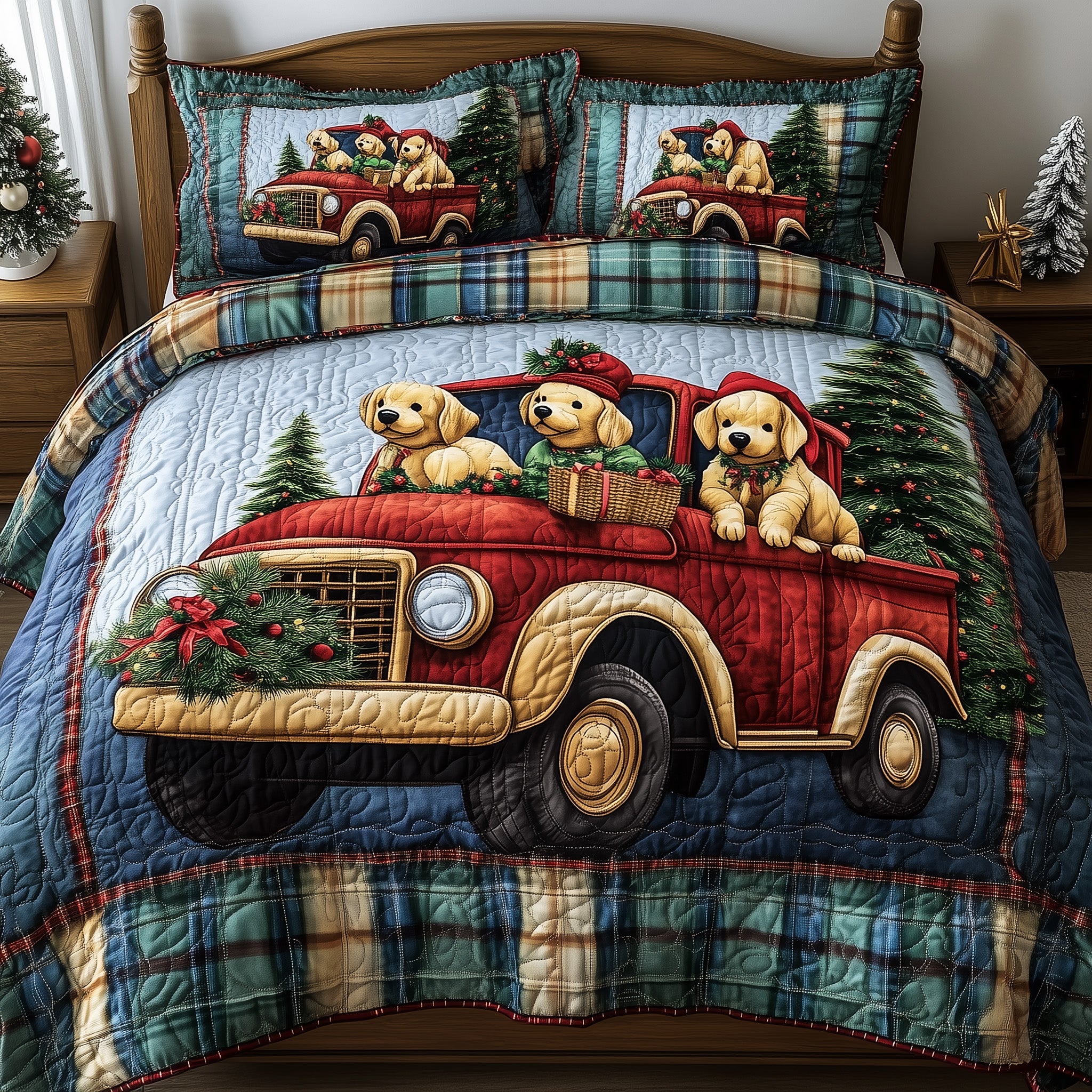 Christmas Retriever Puppy Quilted Bedding Set Duvet Cover Bedspread Best Xmas Gifts For Men
