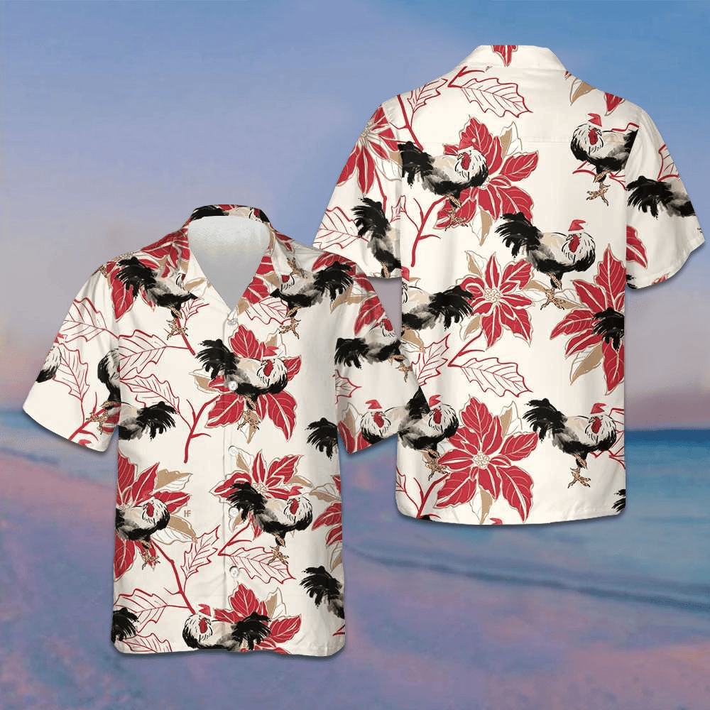 Christmas Rooster And Poinsettia Hawaiian Shirt Funny Chicken Shirt Gifts For Xmas Christmas Rooster And Poinsettia Hawaiian Shirt Funny Chicken Shirt Gifts For Xmas