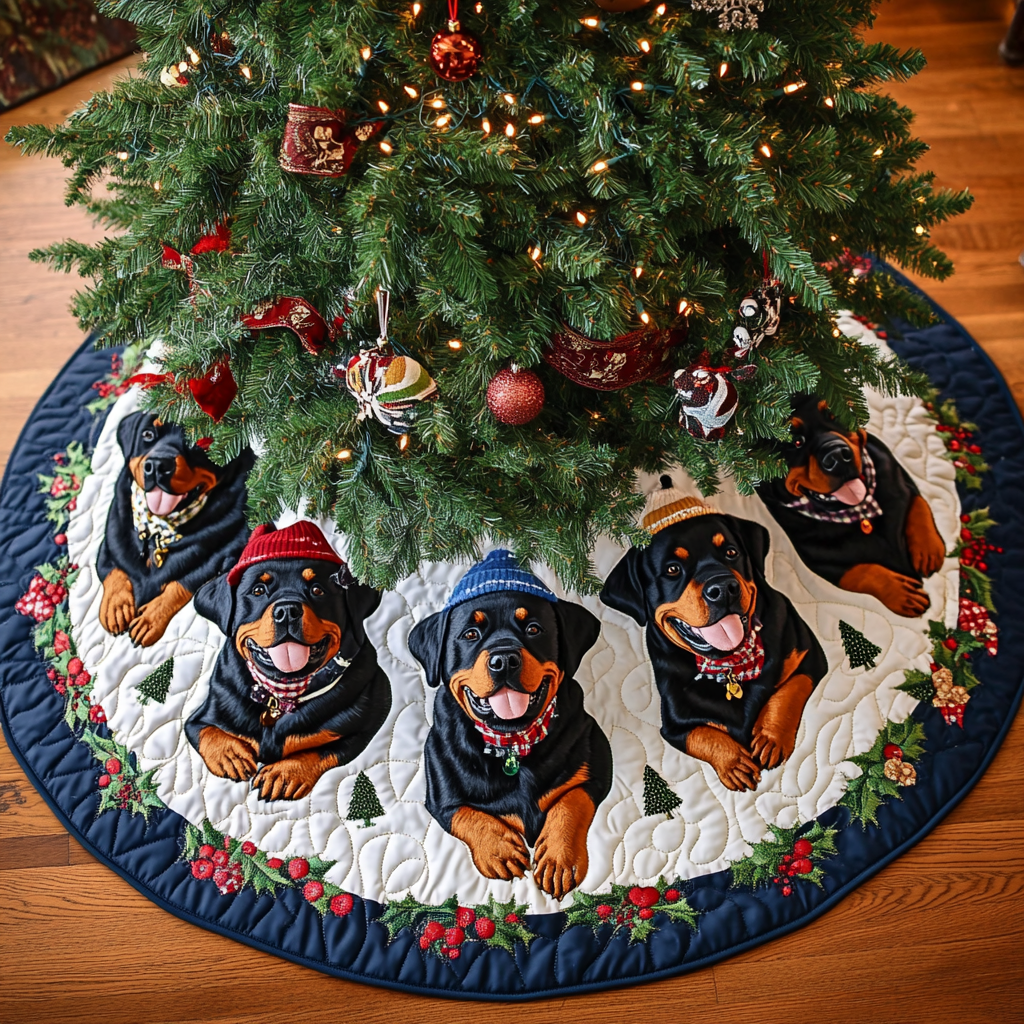 Christmas Rottweiler Christmas Quilted Tree Skirt Xmas Under-Tree Decoration