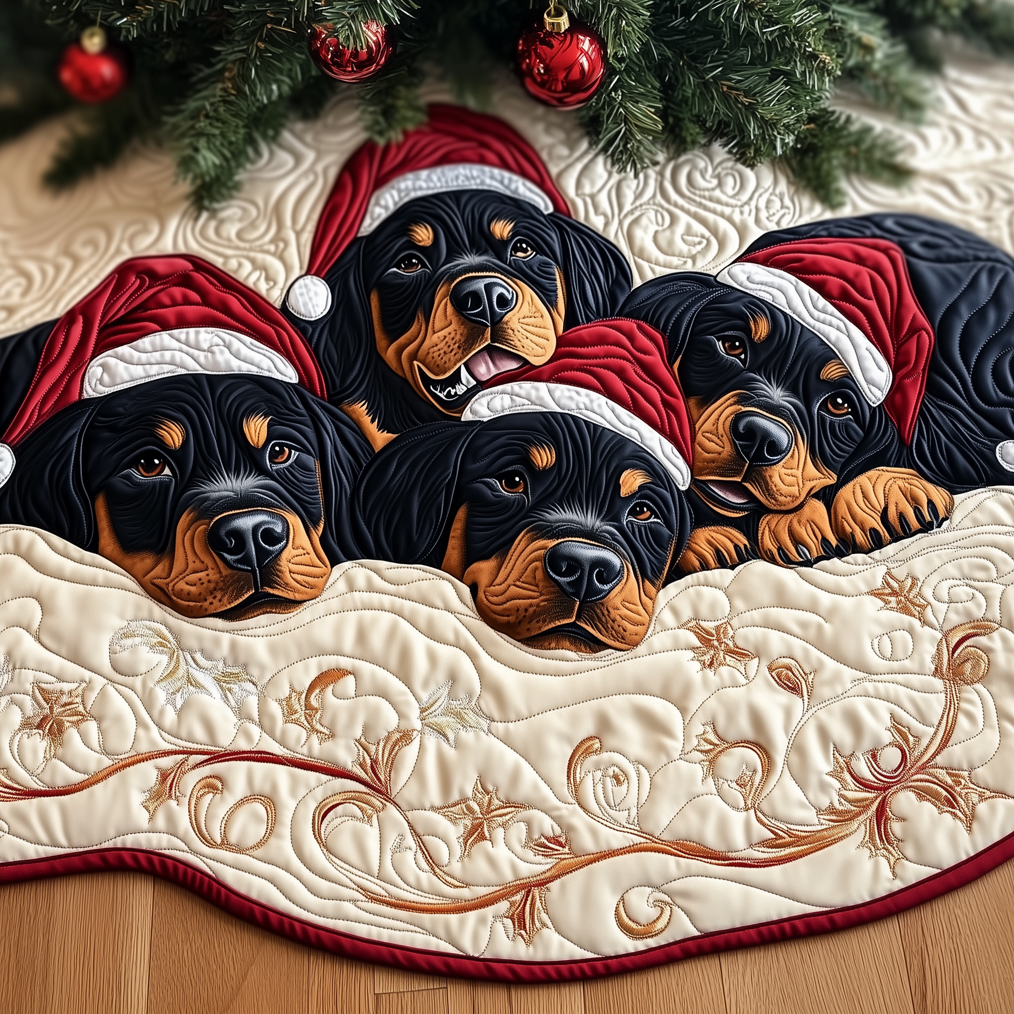 Christmas Rottweiler Quilted Tree Skirt Cozy Home Decor Gift Merch