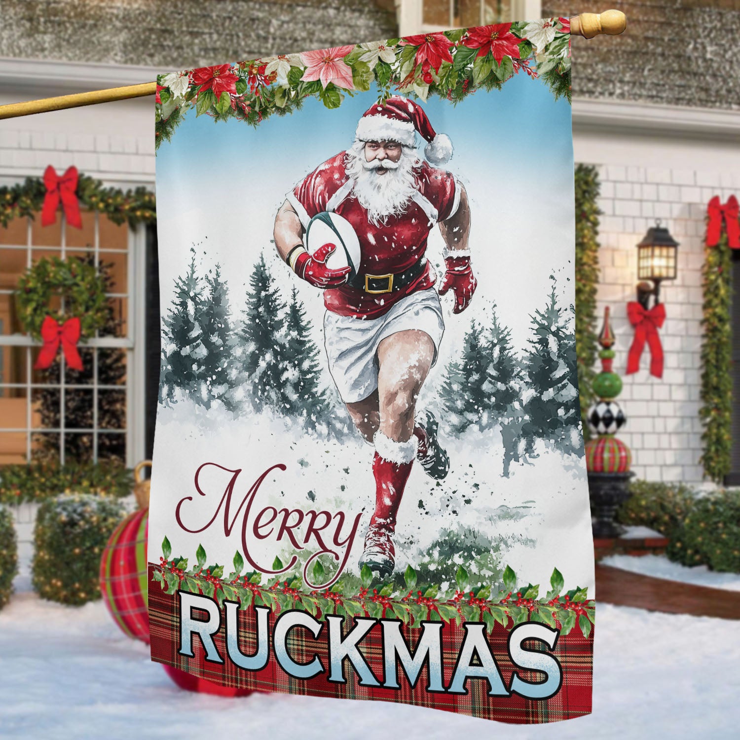 Christmas Rugby Garden Flag Santa Claus Merry Ruckmas Xmas Decor Gift For Rugby Lovers