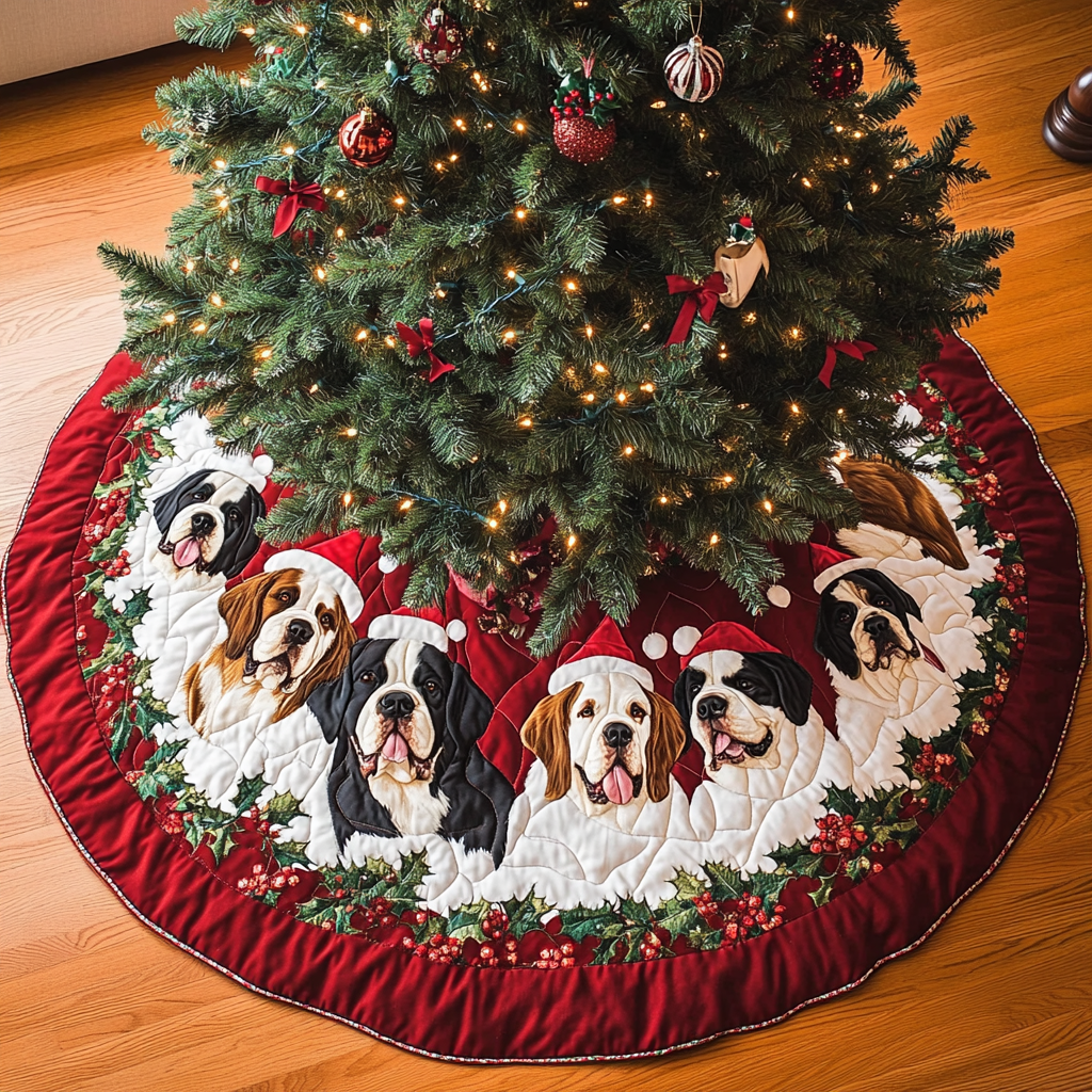 Christmas Saint Bernard Christmas Quilted Tree Skirt Festive Tree Base Cover Festive Christmas Home Styling