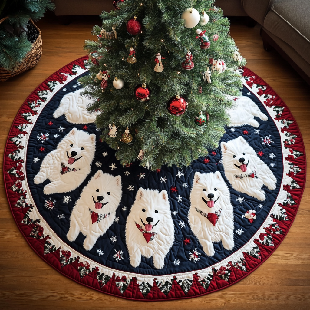Christmas Samoyed Christmas Quilted Tree Skirt Classic Christmas Home Decor Merry And Bright Holiday Decor