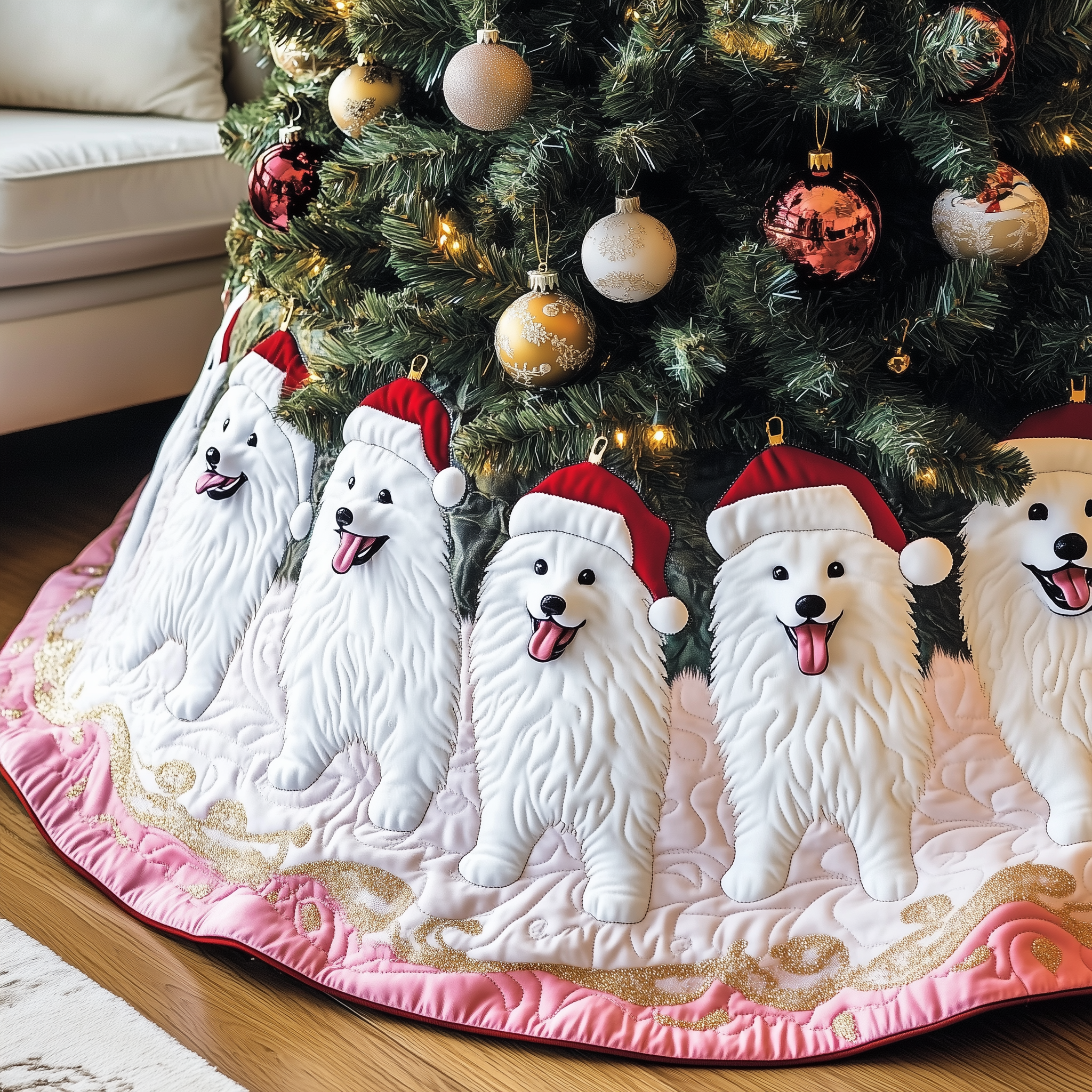 Christmas Samoyed Quilted Tree Skirt Charming Holiday Home Merch