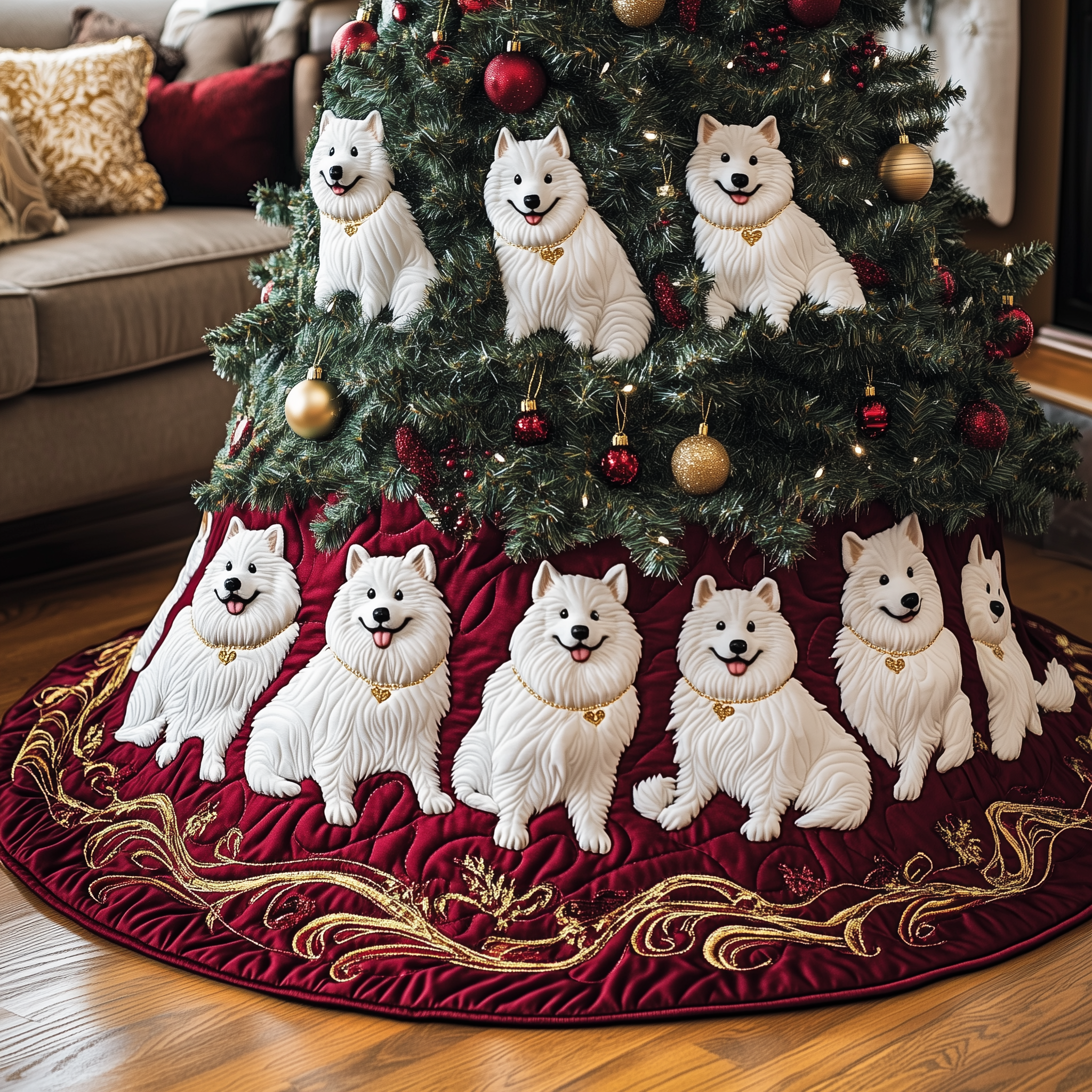Christmas Samoyed Quilted Tree Skirt Cozy Tree Skirt For Holiday Decor