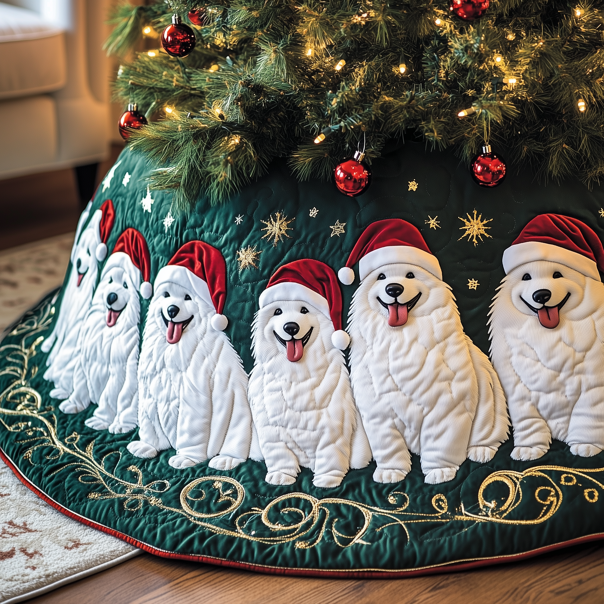 Christmas Samoyed Quilted Tree Skirt Festive Living Room Merch