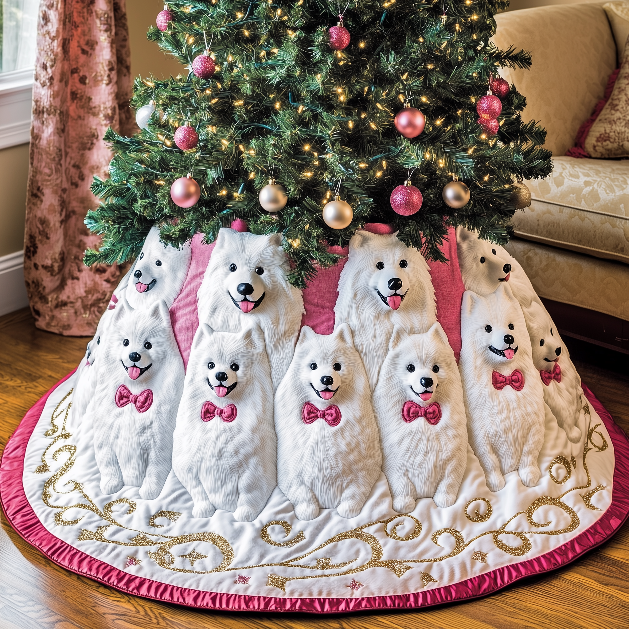 Christmas Samoyed Quilted Tree Skirt Heartwarming Family Gathering Merch