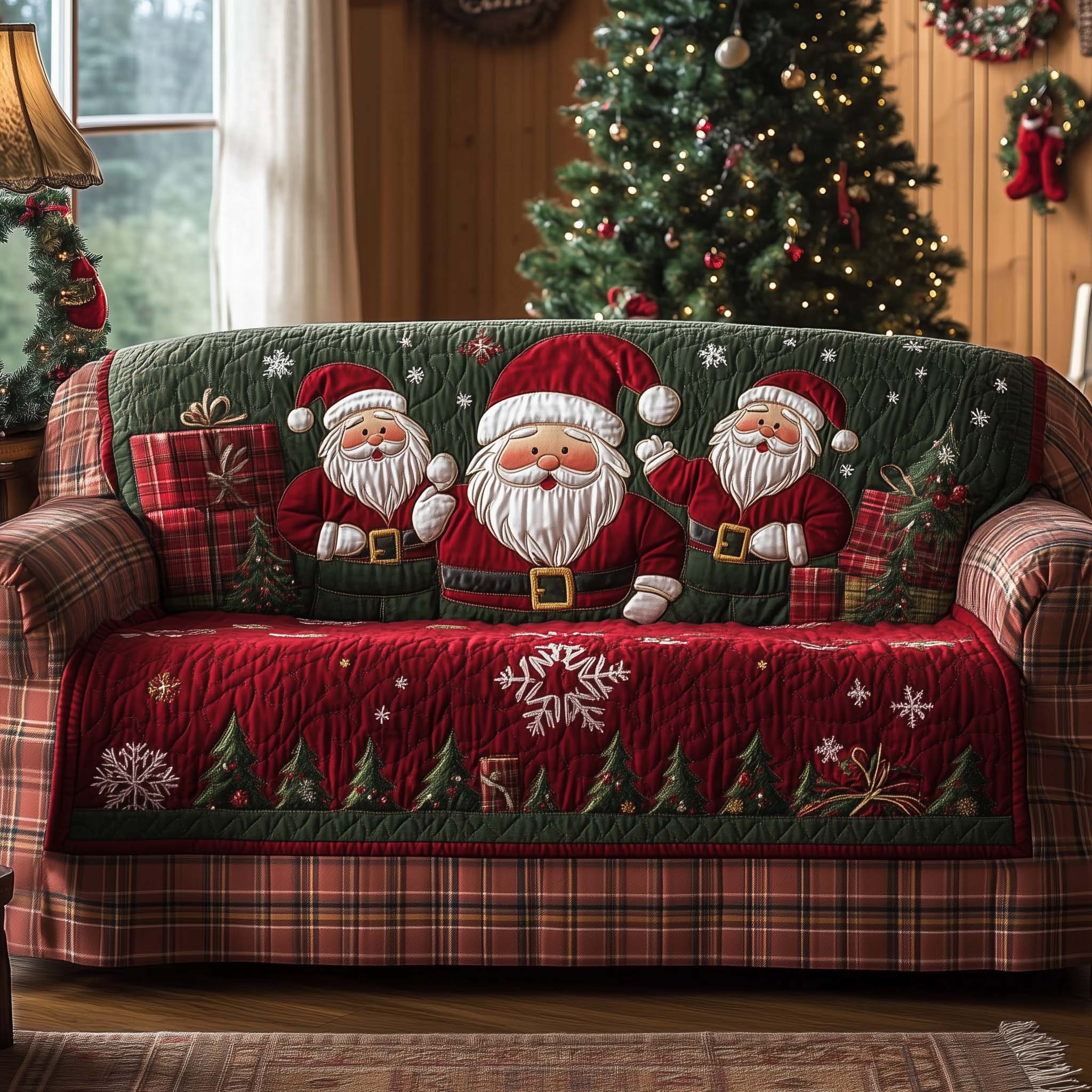 Christmas Santa Cheer Quilted Sofa Cover Santa With Gift Boxes Santa Gift Ideas