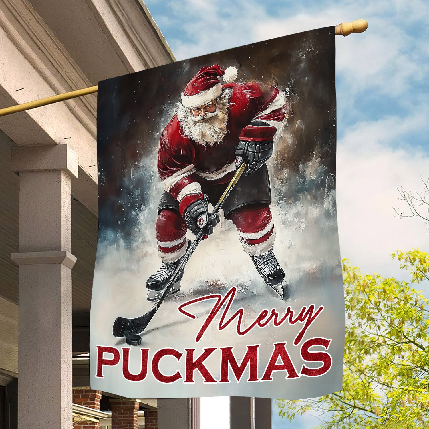 Christmas Santa Claus Playing Hockey Flag Merry Puckmas Xmas Yard Decor Gift For Hockey Lovers