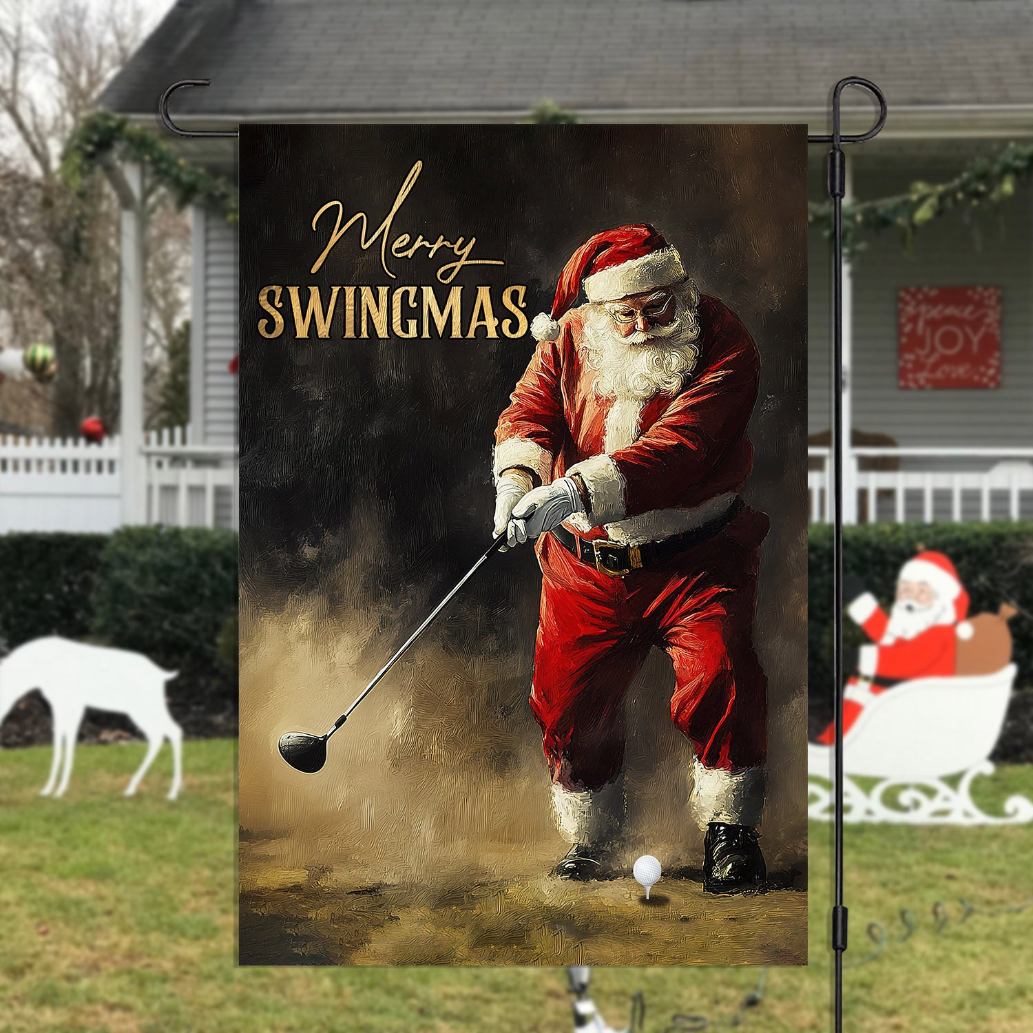 Christmas Santa Playing Golf Flag Merry Swingmas Welcome Xmas Yard Decor Golf Lovers Gift