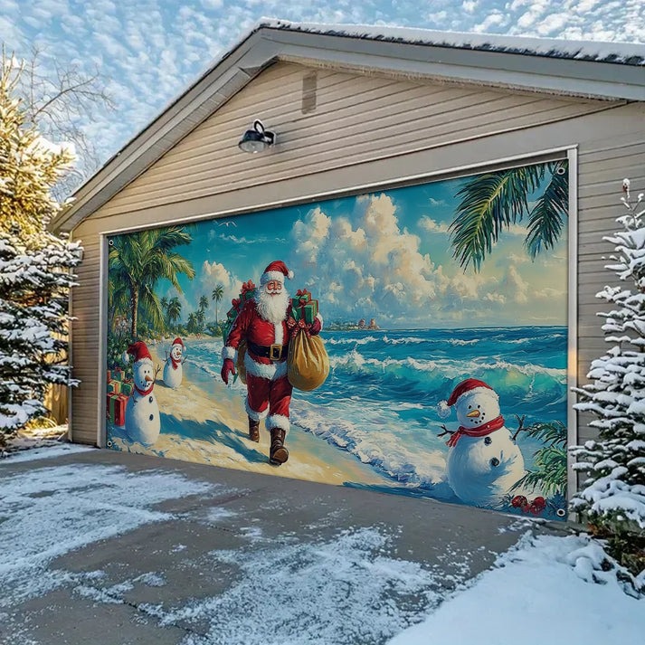 Christmas Santa's Beachside Garage Door Cover Santa With Snowman At Ocean Home Decor Gifts