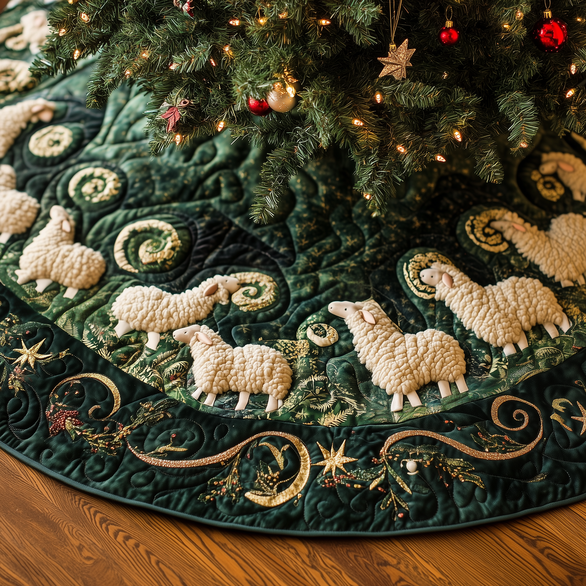 Christmas Sheep Quilted Tree Skirt Thoughtful Valentineâ€™s Day Gift Merch(1)