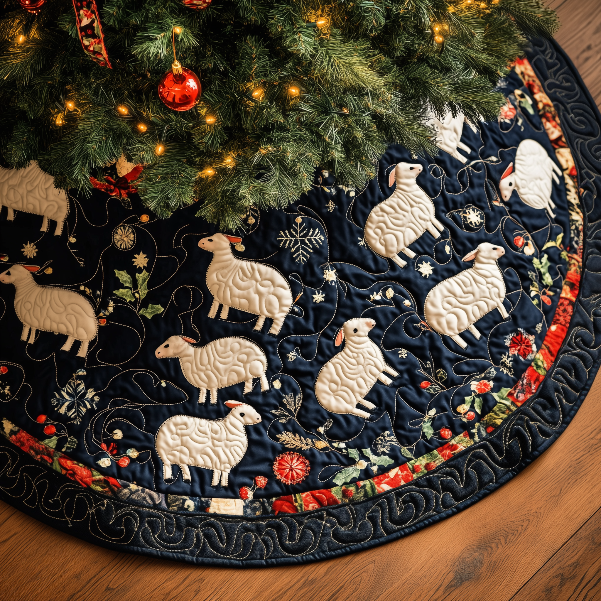 Christmas Sheep Quilted Tree Skirt Xmas Tree Surround Decorations Gifts For Sheep Lovers