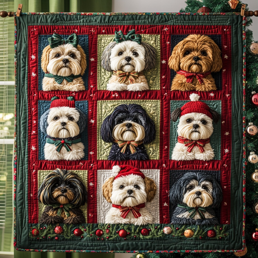 Christmas Shih Tzu Dog Quilted Blanket Holiday Pet Portrait Throw Best Gift For Shih Tzu Owner Lover