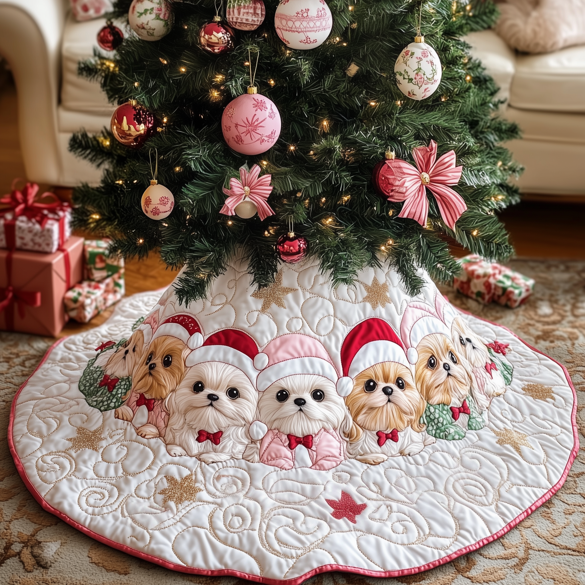 Christmas Shih Tzu Quilted Tree Skirt Charming Thanksgiving Gift Merch