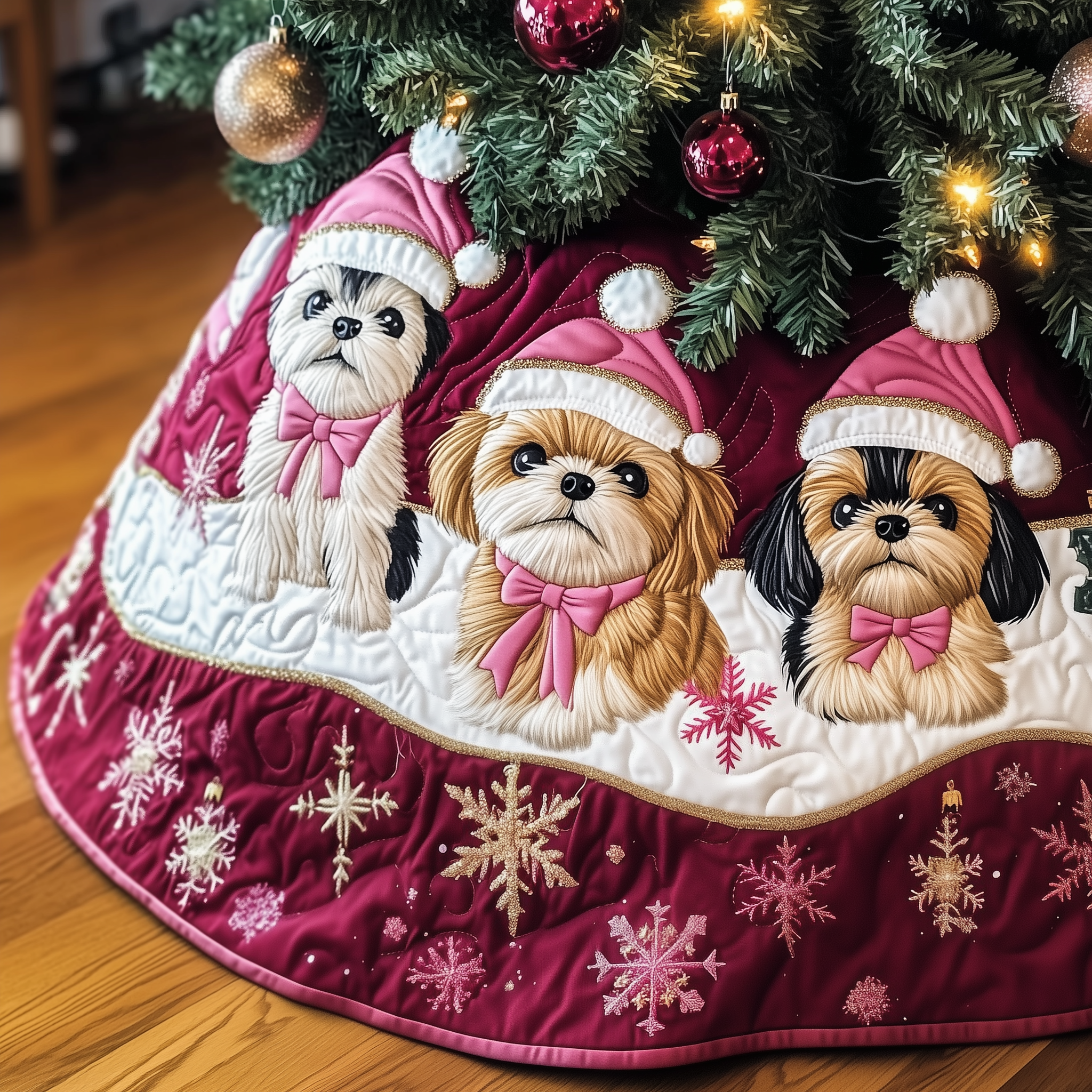 Christmas Shih Tzu Quilted Tree Skirt Holiday Christmas Tree Base Cover Shih Tzu Xmas Gifts