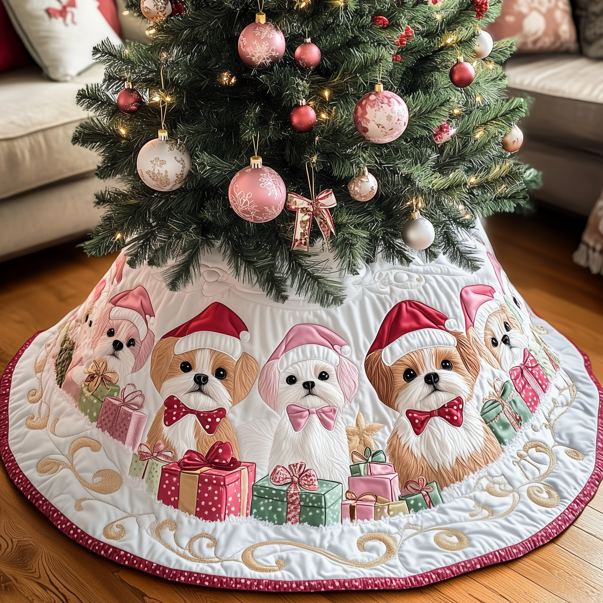 Christmas Shih Tzu Quilted Tree Skirt Joyful Holiday Season Gift Merch