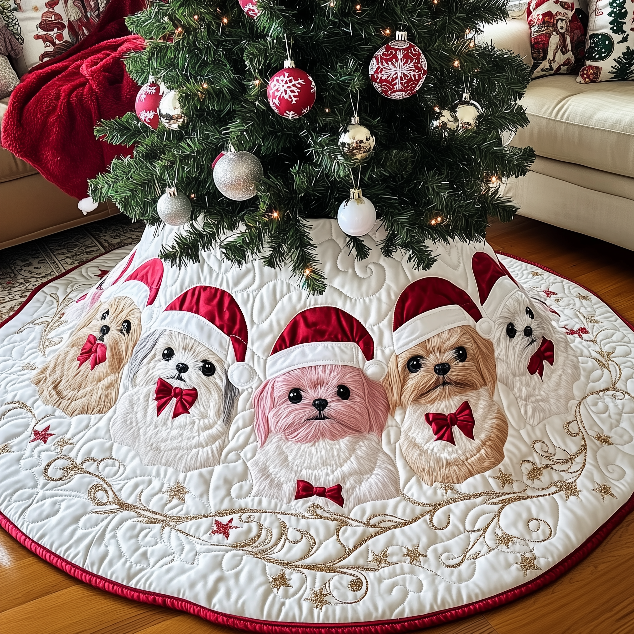 Christmas Shih Tzu Quilted Tree Skirt Special Birthday Gift Merch