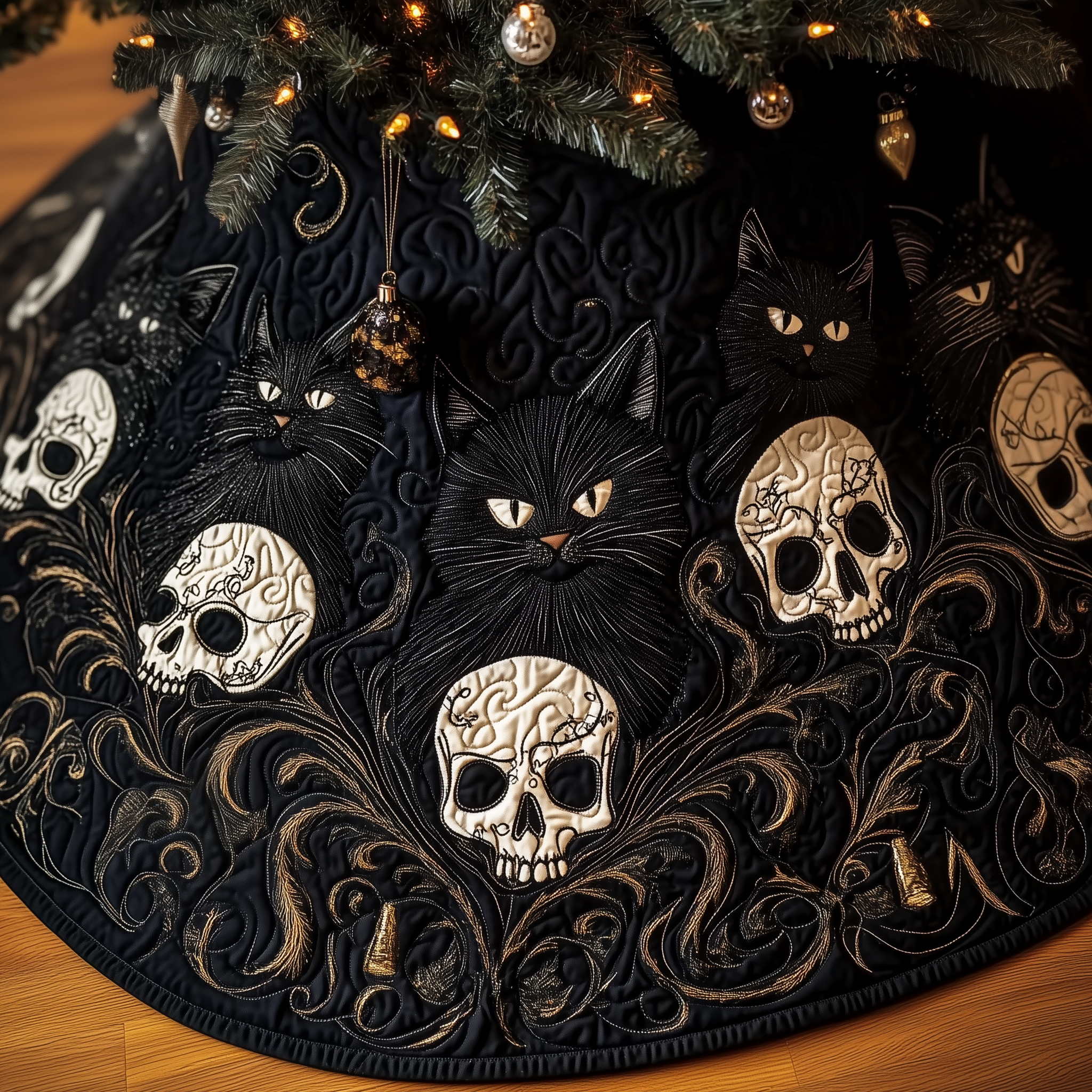 Christmas Skull And Black Cat Quilted Tree Skirt Beautiful Christmas Home Merch