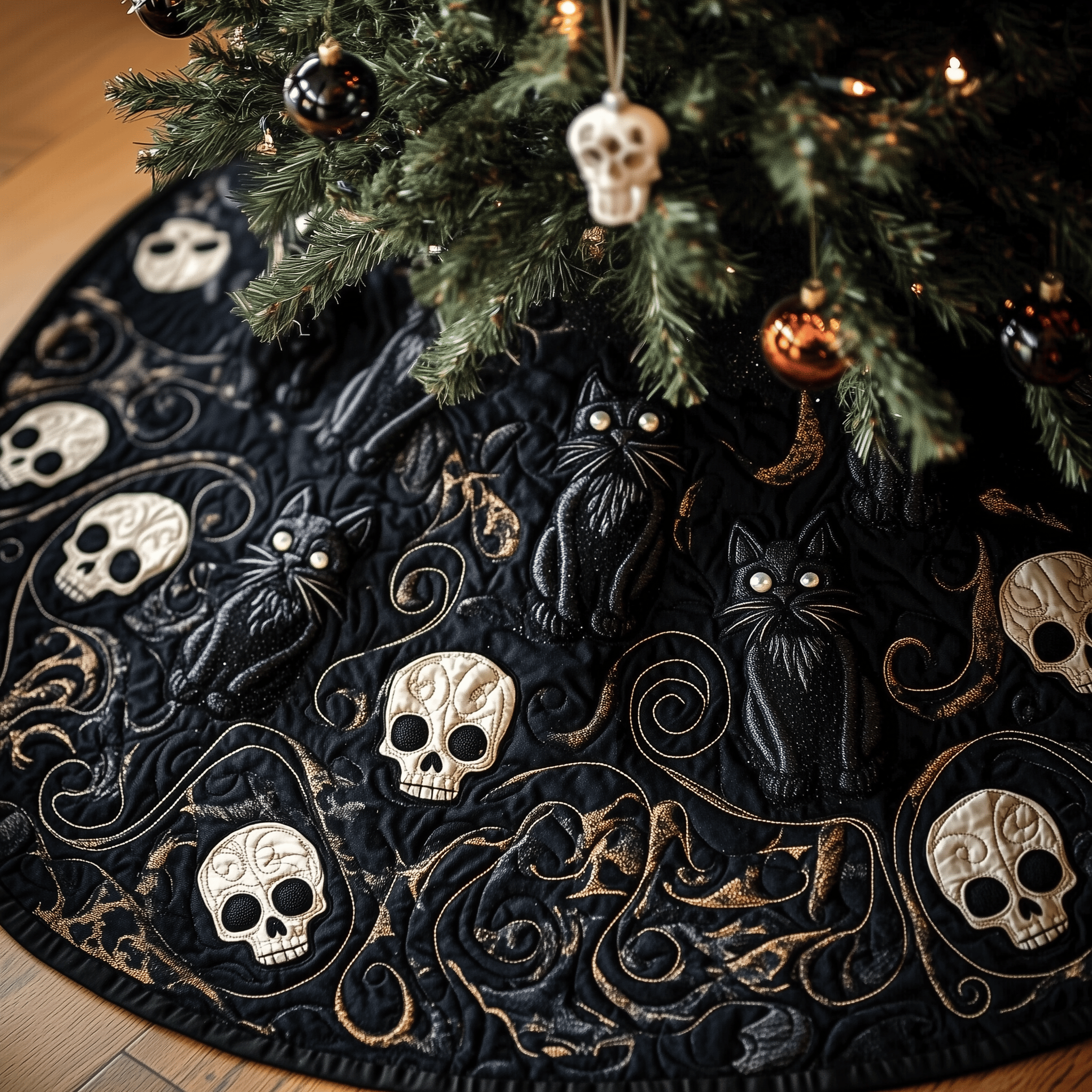 Christmas Skull And Black Cat Quilted Tree Skirt Christmas Tree Skirt Christmas Gift Baskets For Families