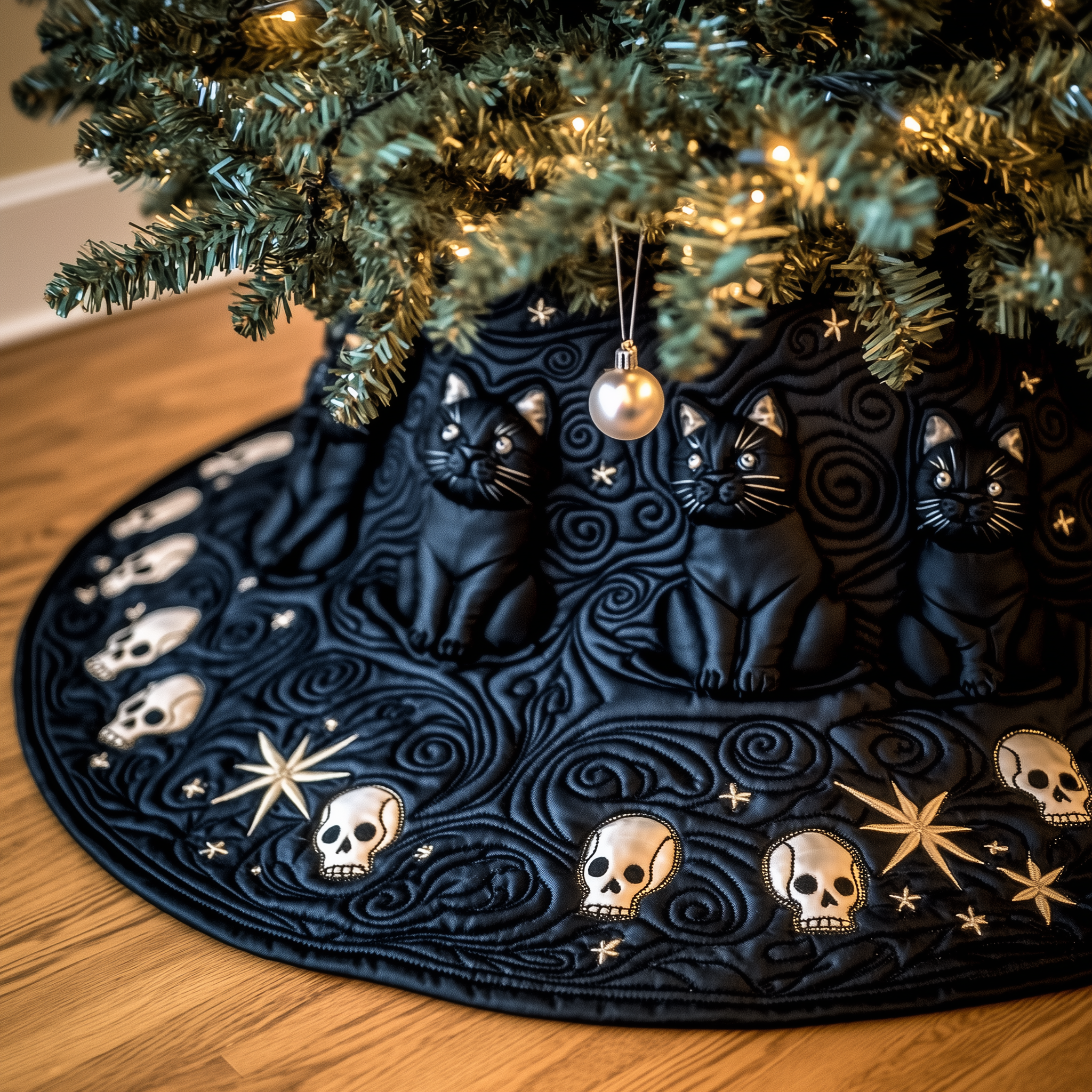 Christmas Skull And Black Cat Quilted Tree Skirt Cozy Home Decor Gift Merch