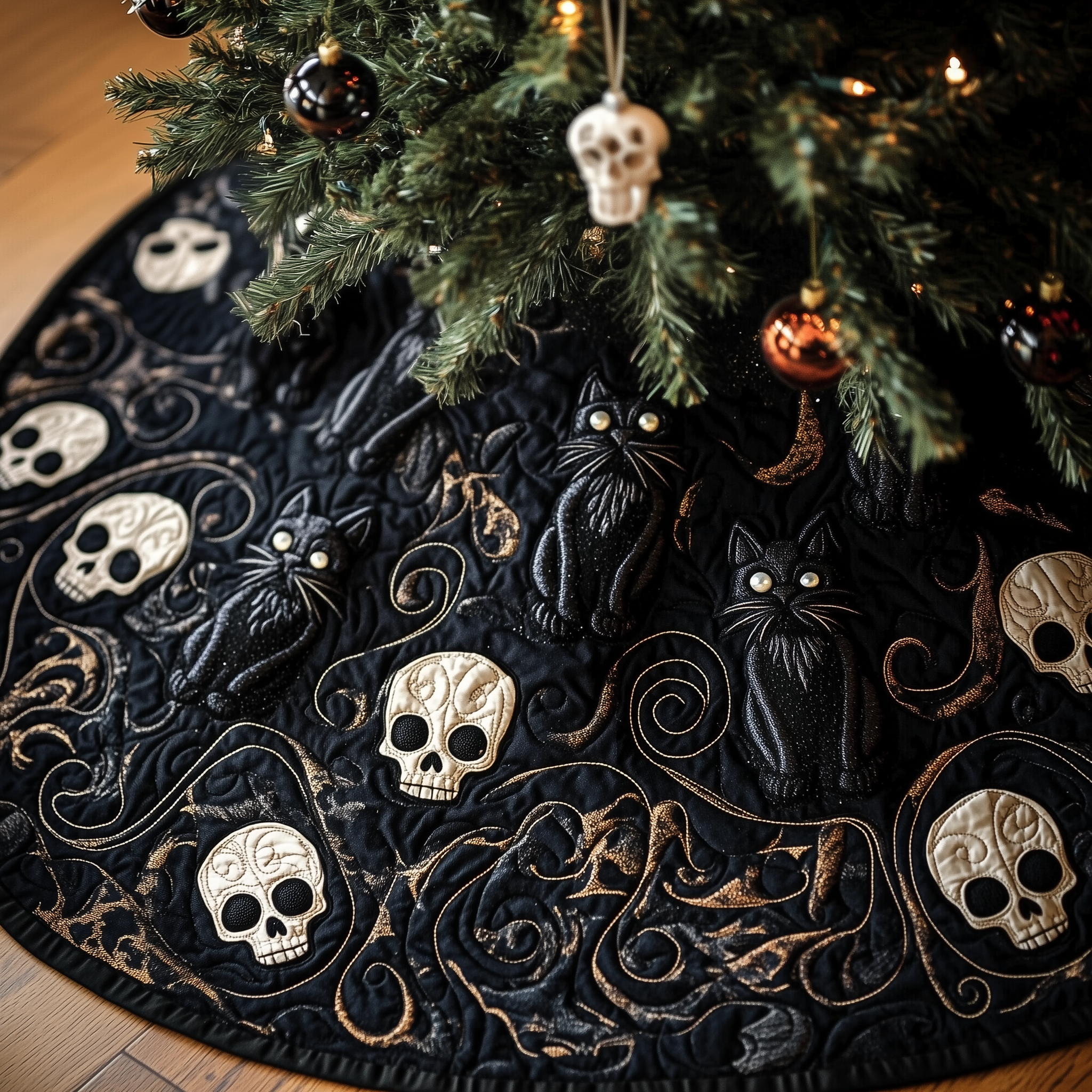 Christmas Skull And Black Cat Quilted Tree Skirt Must-Have Holiday Decor Merch