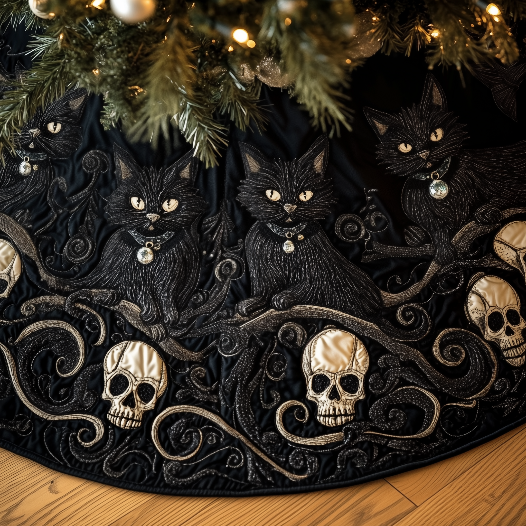 Christmas Skull And Black Cat Quilted Tree Skirt Thoughtful Gift Merch For Dad