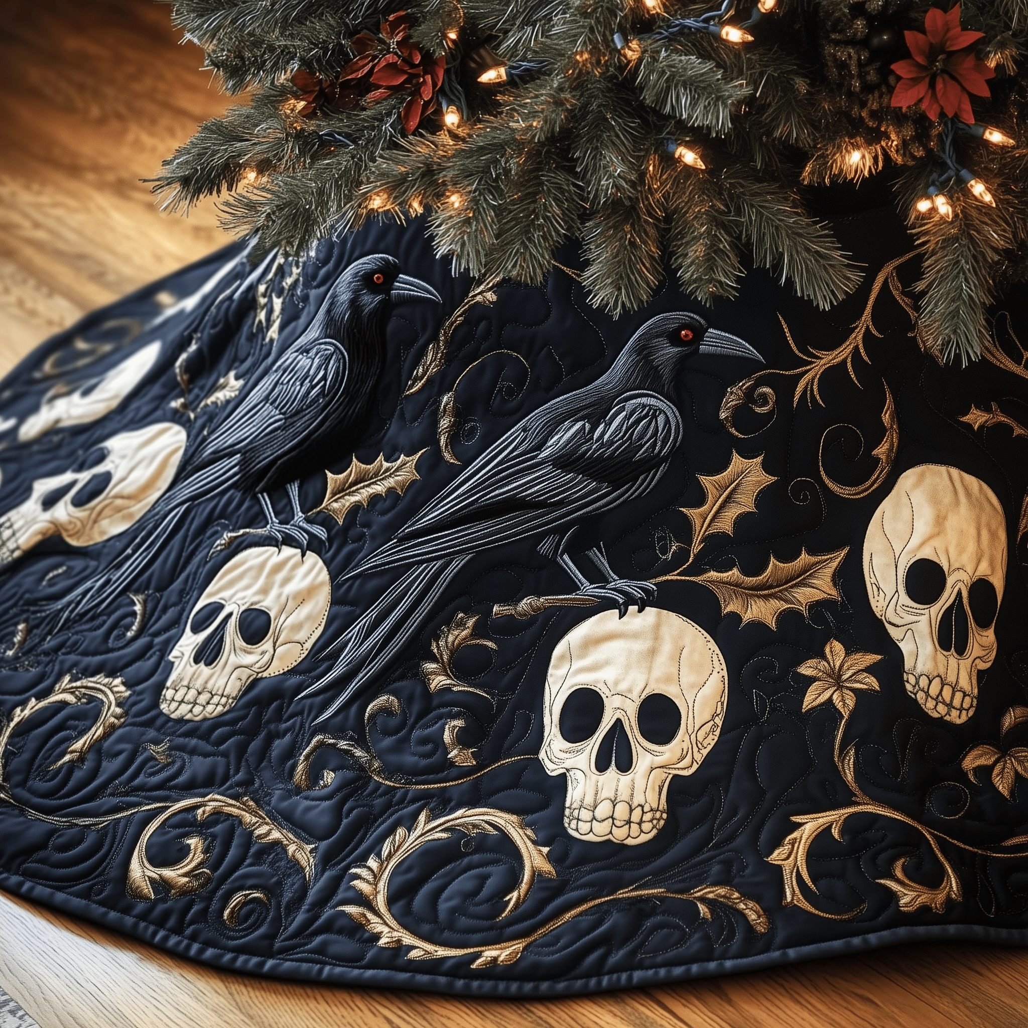 Christmas Skull And Black Crow Quilted Tree Skirt Christmas Tree Skirt Presents For Mum Christmas