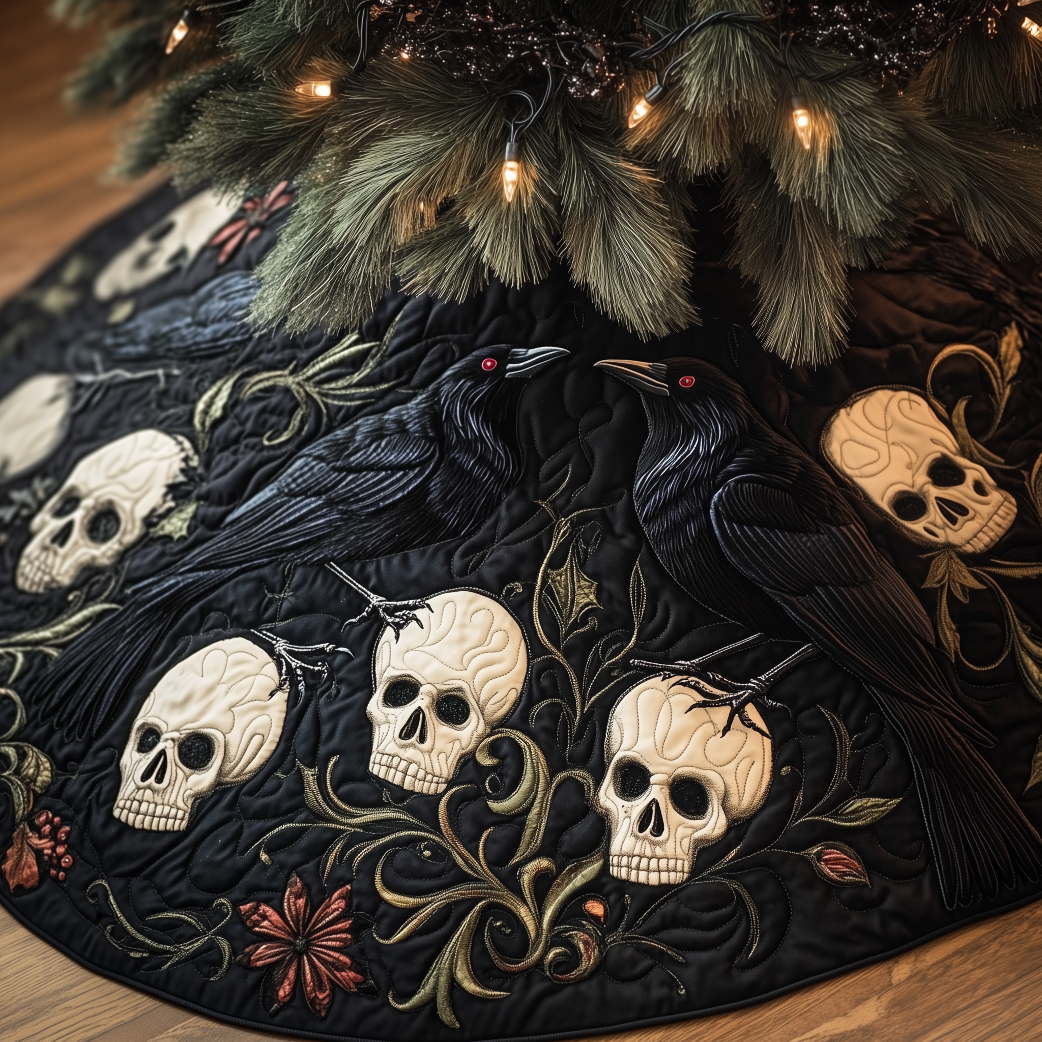 Christmas Skull And Black Crow Quilted Tree Skirt Festive Living Room Merch