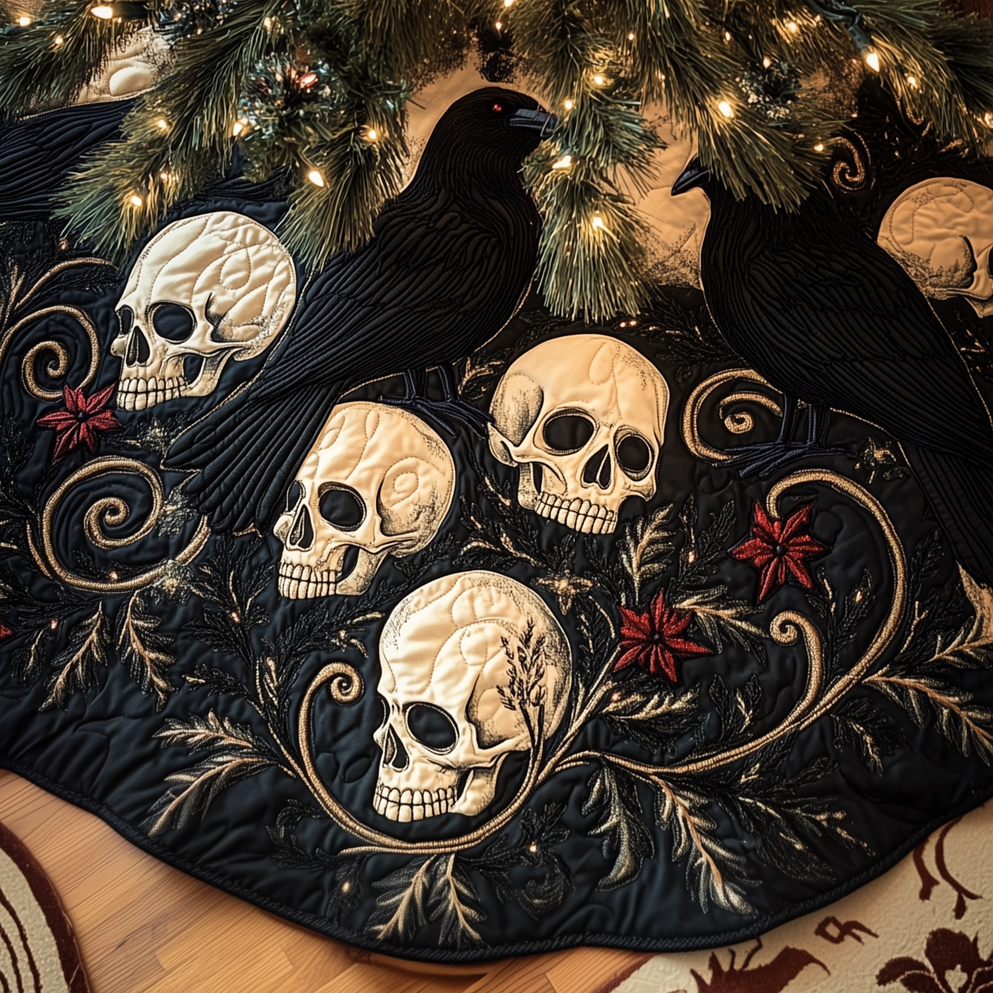 Christmas Skull And Black Crow Quilted Tree Skirt Warm Winter Home Merch