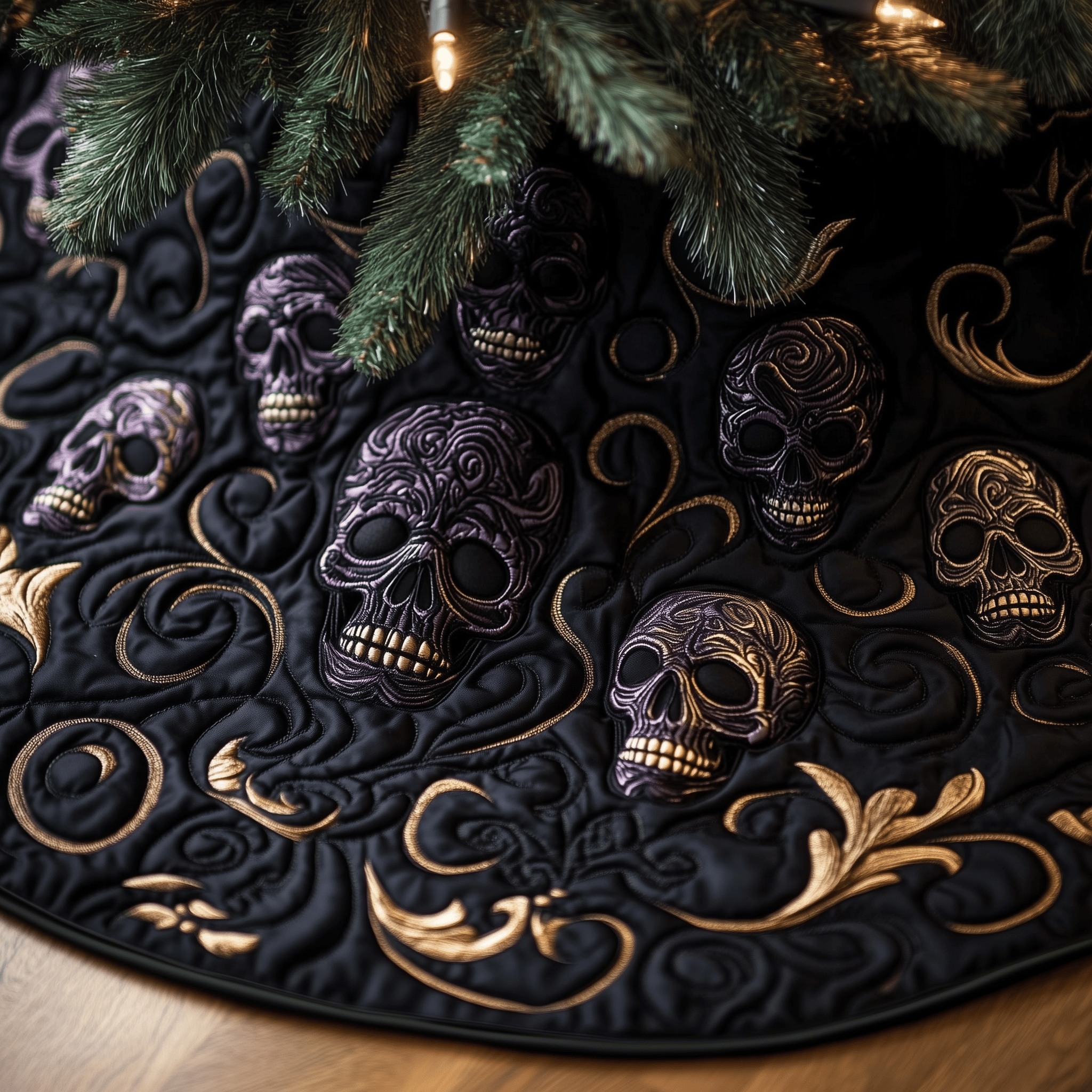 Christmas Skull Quilted Tree Skirt Christmas Tree Bottom Cover Skull Gift for Dad Christmas